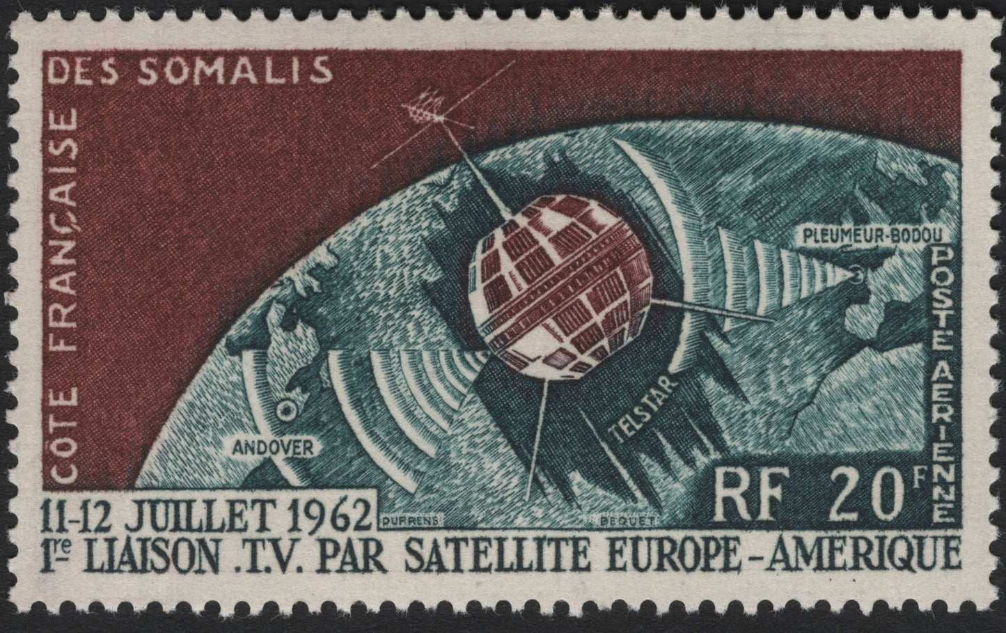 SCG9418 - France – Somali Coast 1962 “Telstar Satellite – First Europe–America TV Link” (20 Fr Airmail)