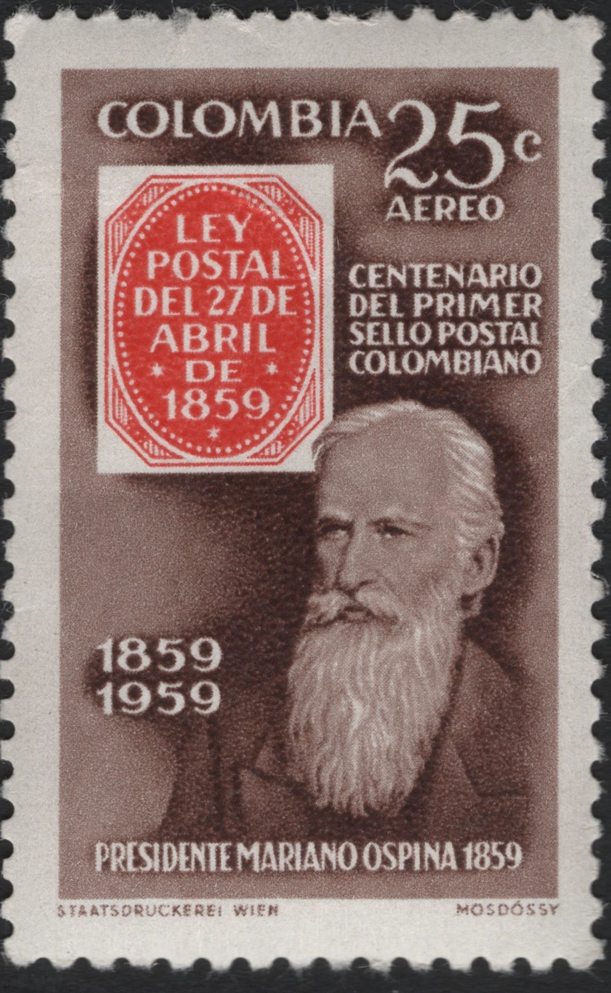 SCG10172 - 🇨🇴 Colombia 1959 – Centenary of the First Colombian Postage Stamp (Mariano Ospina) – 25c Airmail