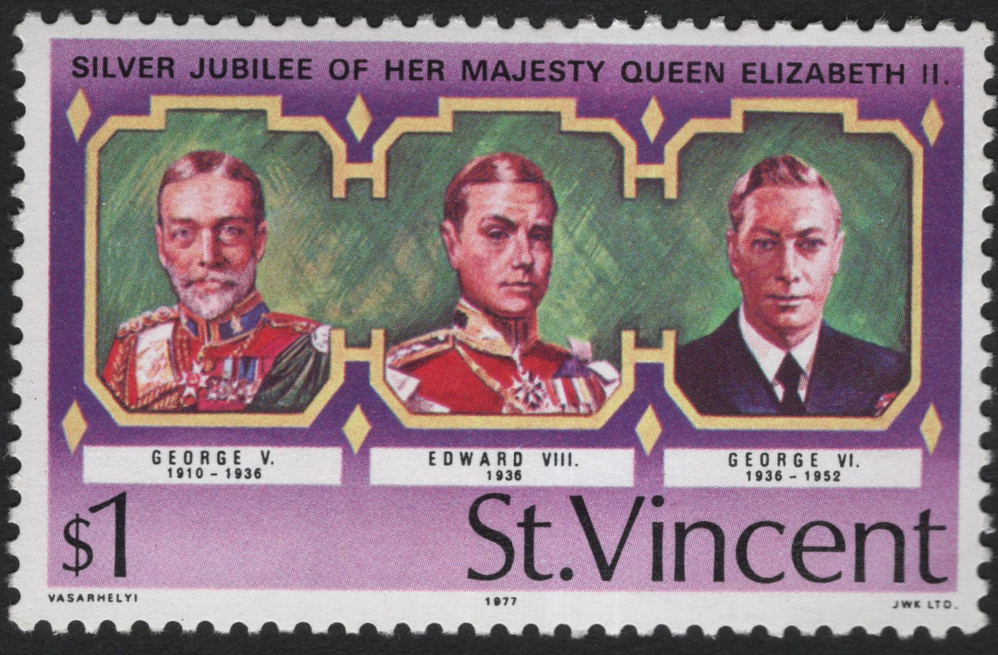 SCG10234 - 🇻🇨 St. Vincent 1977 – Silver Jubilee of Queen Elizabeth II: Portraits of George V, Edward VIII & George VI – $1