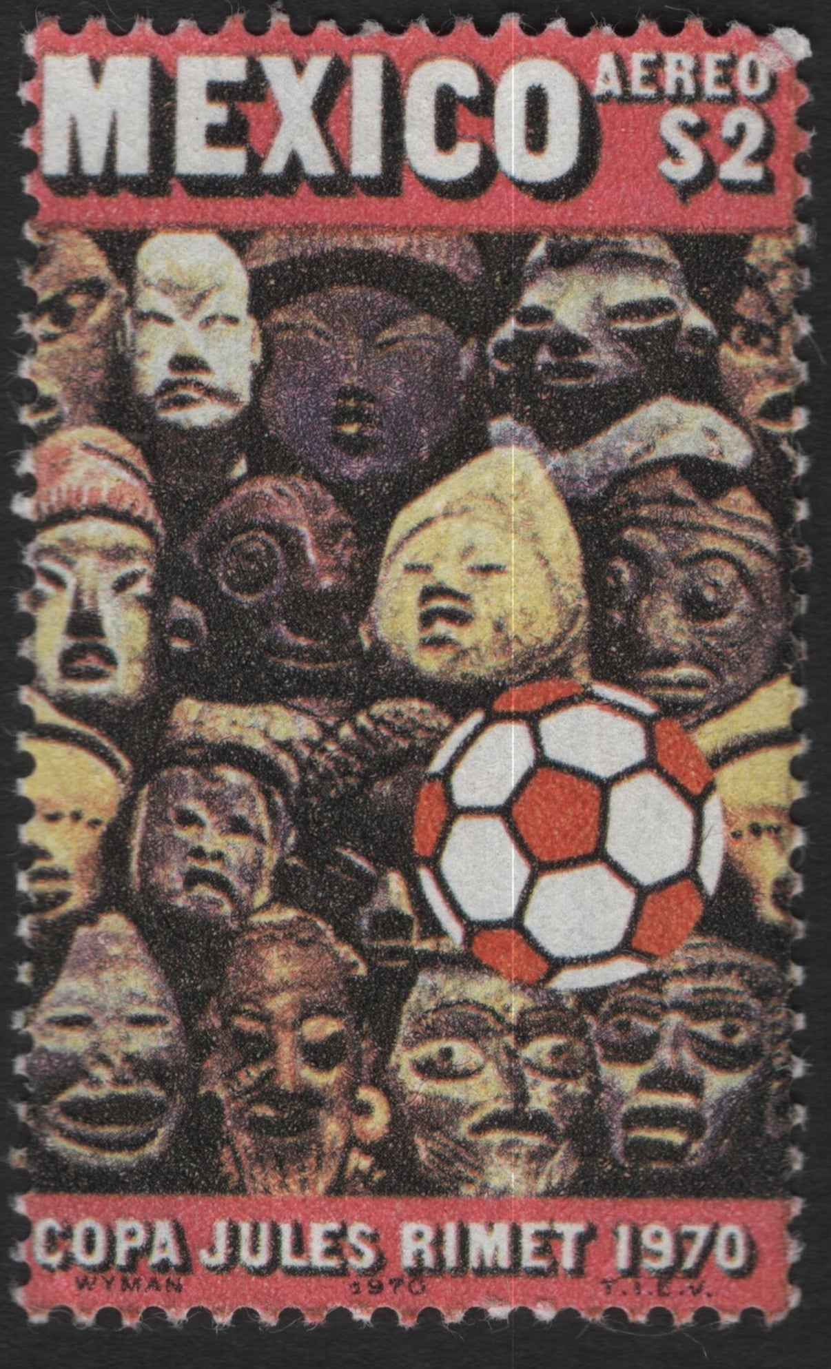 SCG10339 - Mexico 1970 – Copa Jules Rimet Airmail Stamp ($2) – Pre-Hispanic Masks & Football