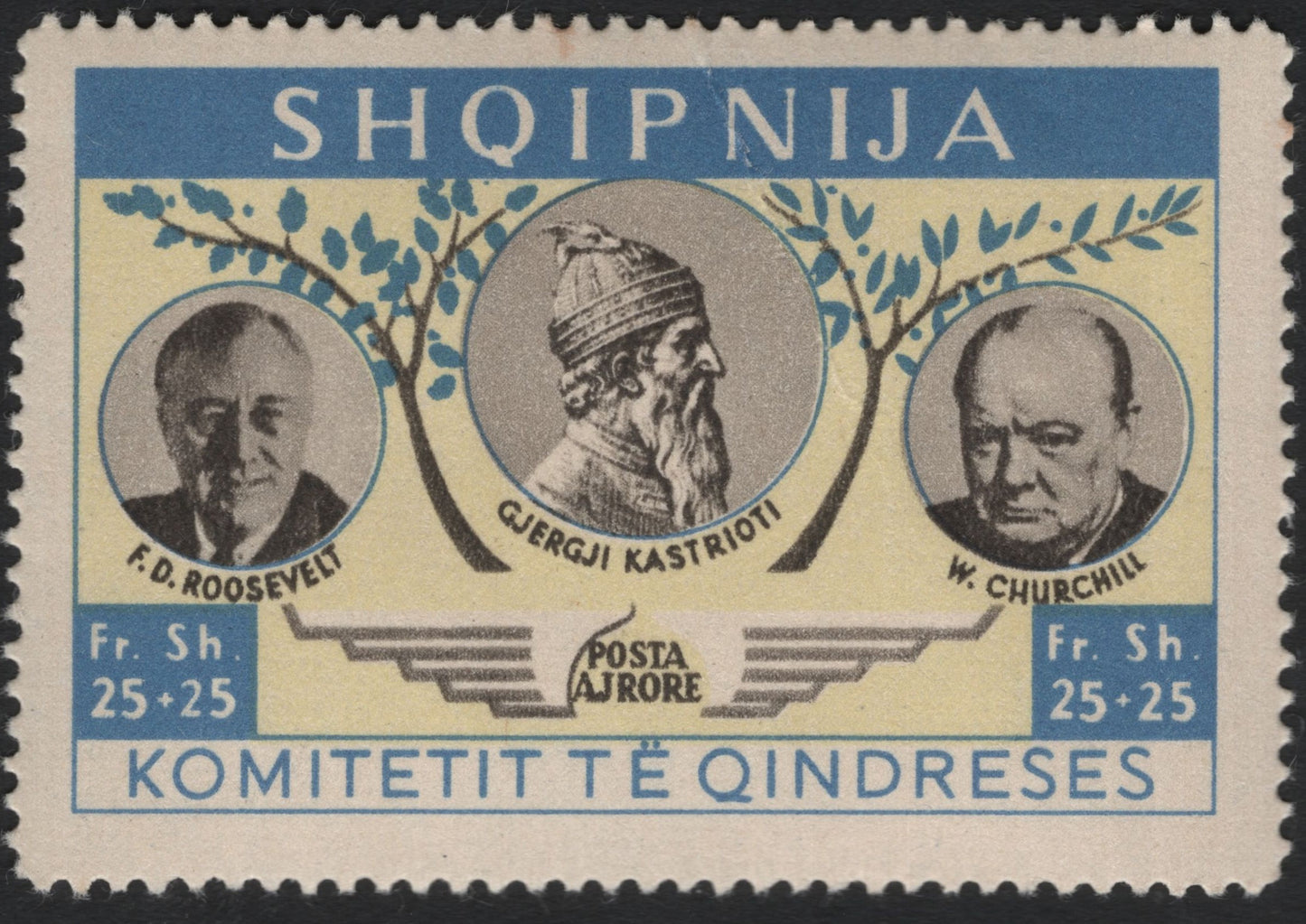 SCG10384 - Albania 1945 Komitetit të Qindreses Airmail Semi-Postal – Roosevelt, Skanderbeg & Churchill