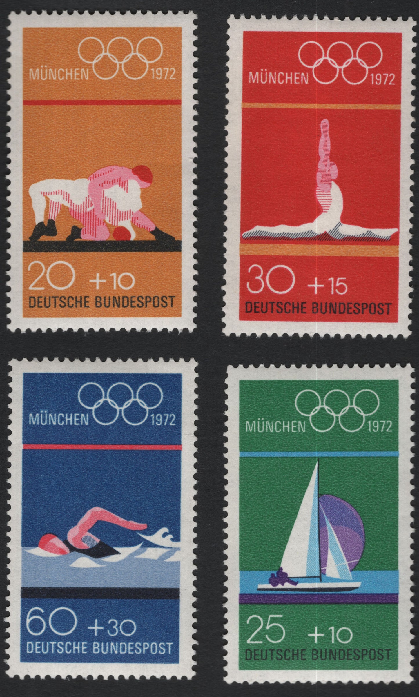 SCG10697 - Germany 1972 Munich Olympics Semi-Postal Set – Wrestling, Gymnastics, Swimming & Sailing