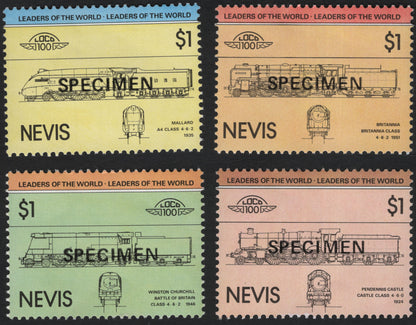 SCG10715 - Nevis 1985 “Leaders of the World – Locomotives” $1 Specimen Set (4 Stamps)
