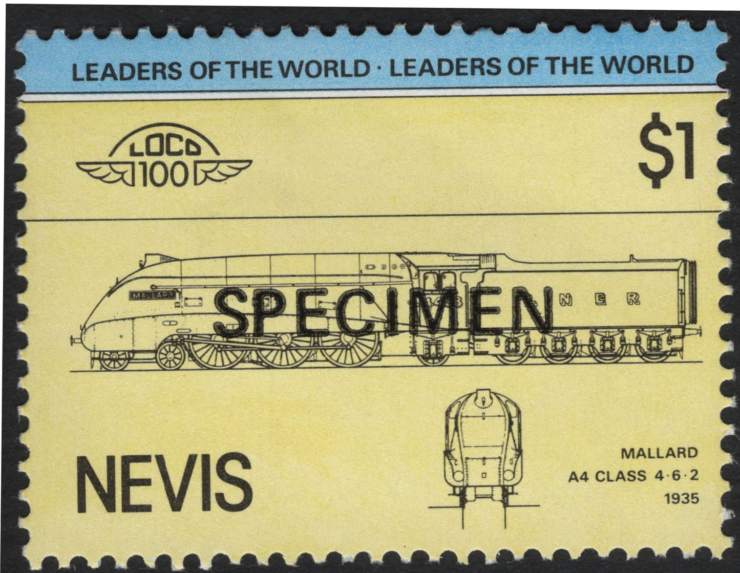 SCG10715 - Nevis 1985 “Leaders of the World – Locomotives” $1 Specimen Set (4 Stamps)