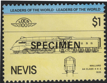 SCG10715 - Nevis 1985 “Leaders of the World – Locomotives” $1 Specimen Set (4 Stamps)