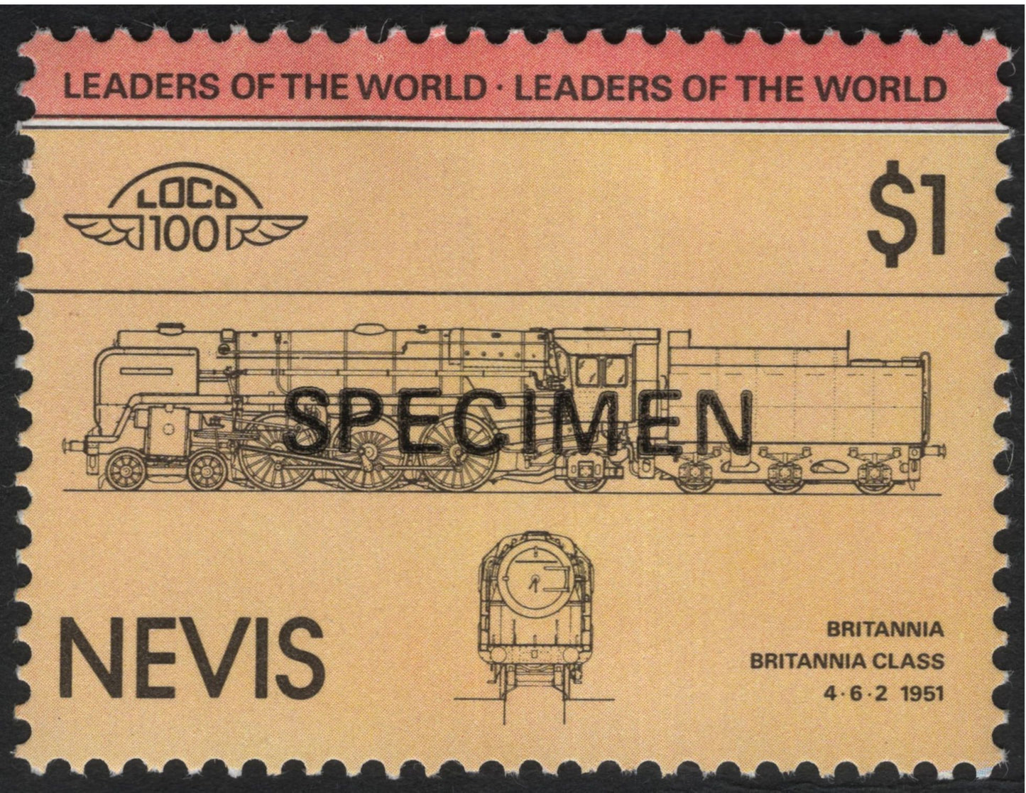 SCG10715 - Nevis 1985 “Leaders of the World – Locomotives” $1 Specimen Set (4 Stamps)
