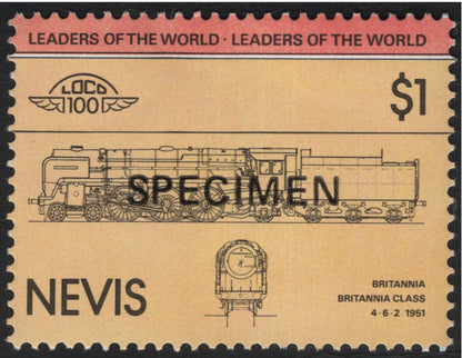 SCG10715 - Nevis 1985 “Leaders of the World – Locomotives” $1 Specimen Set (4 Stamps)
