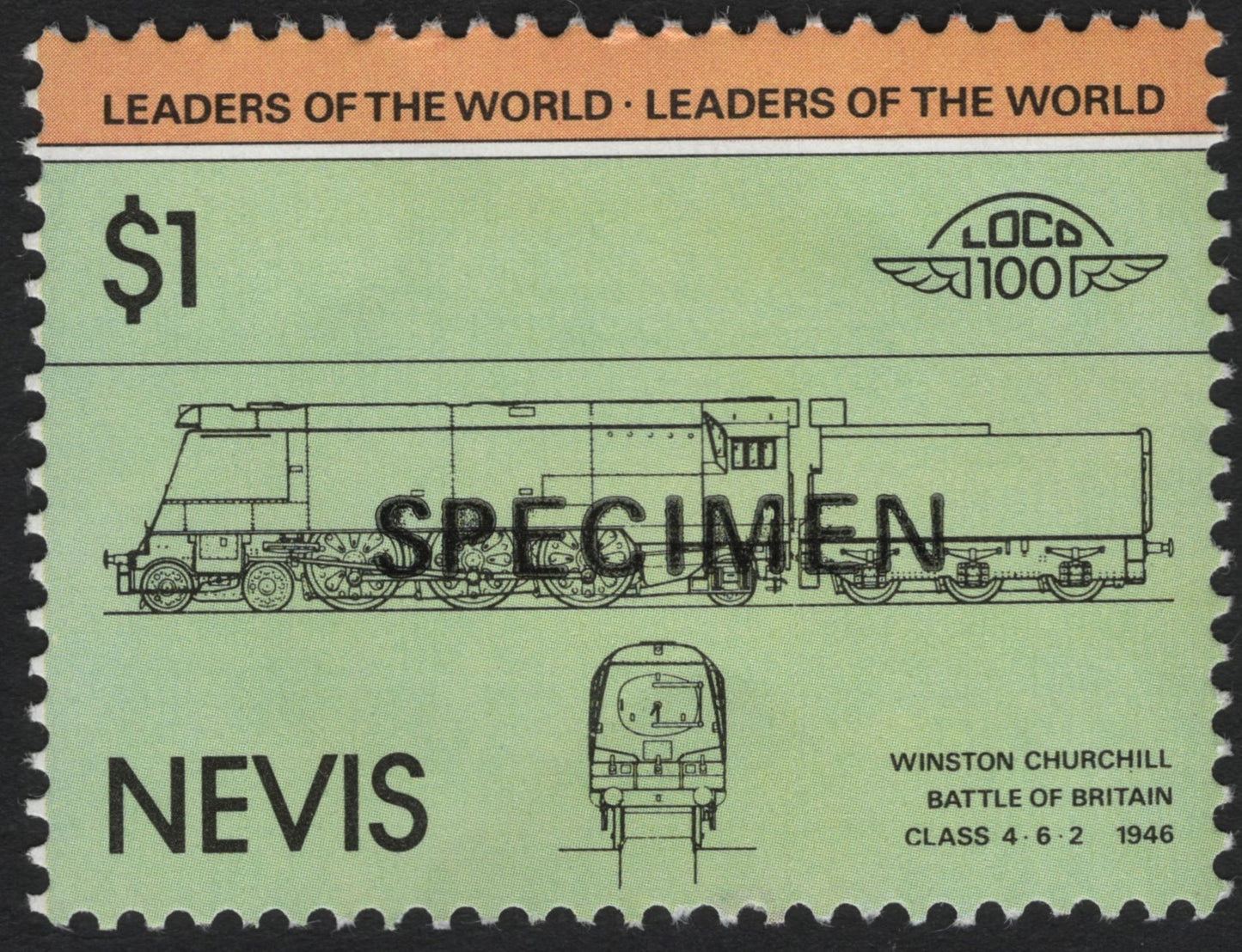 SCG10715 - Nevis 1985 “Leaders of the World – Locomotives” $1 Specimen Set (4 Stamps)
