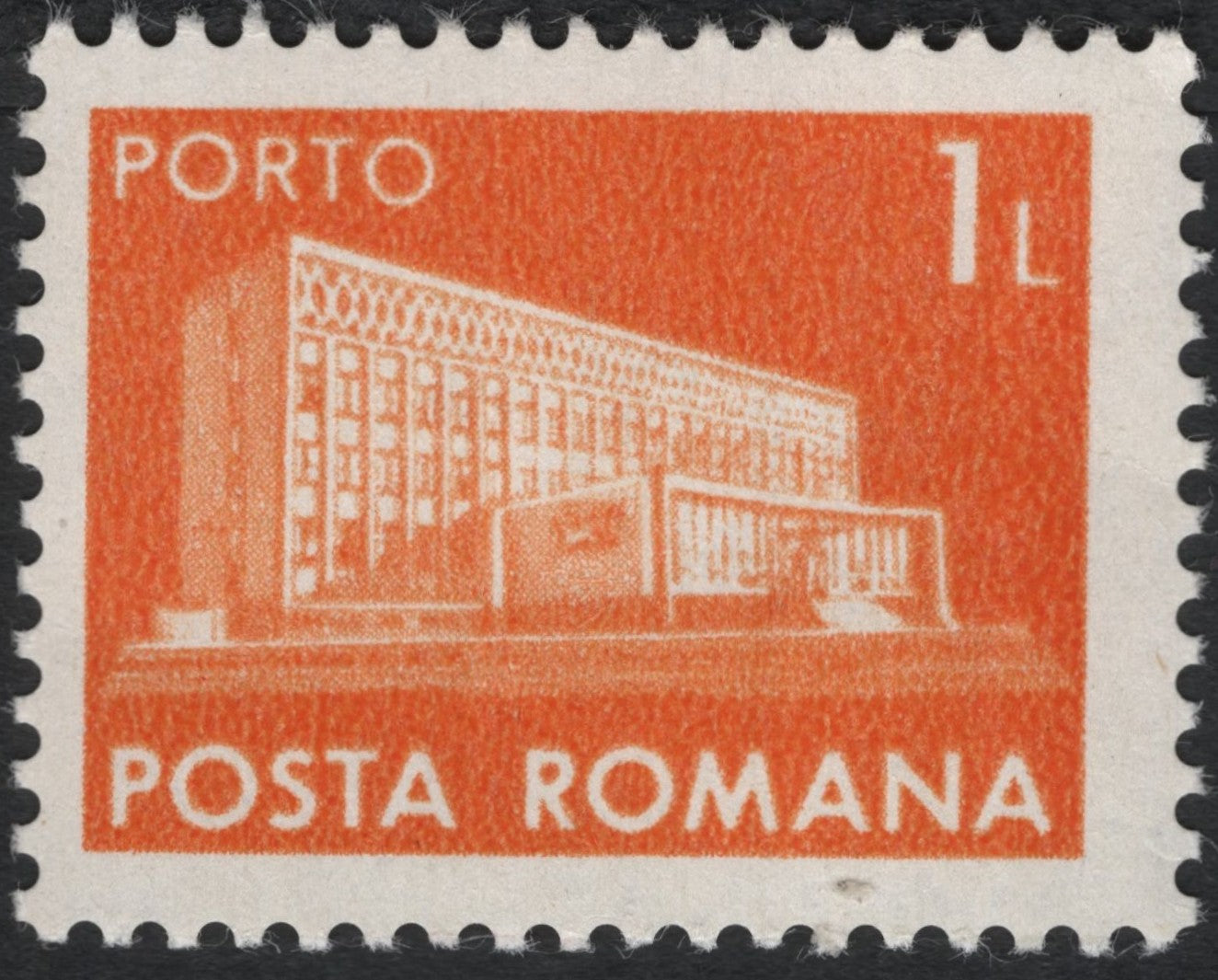 SCG10509 - Romania – 1 Leu Postage Due “Porto” Stamp (Posta Romana), Orange – Architectural Issue