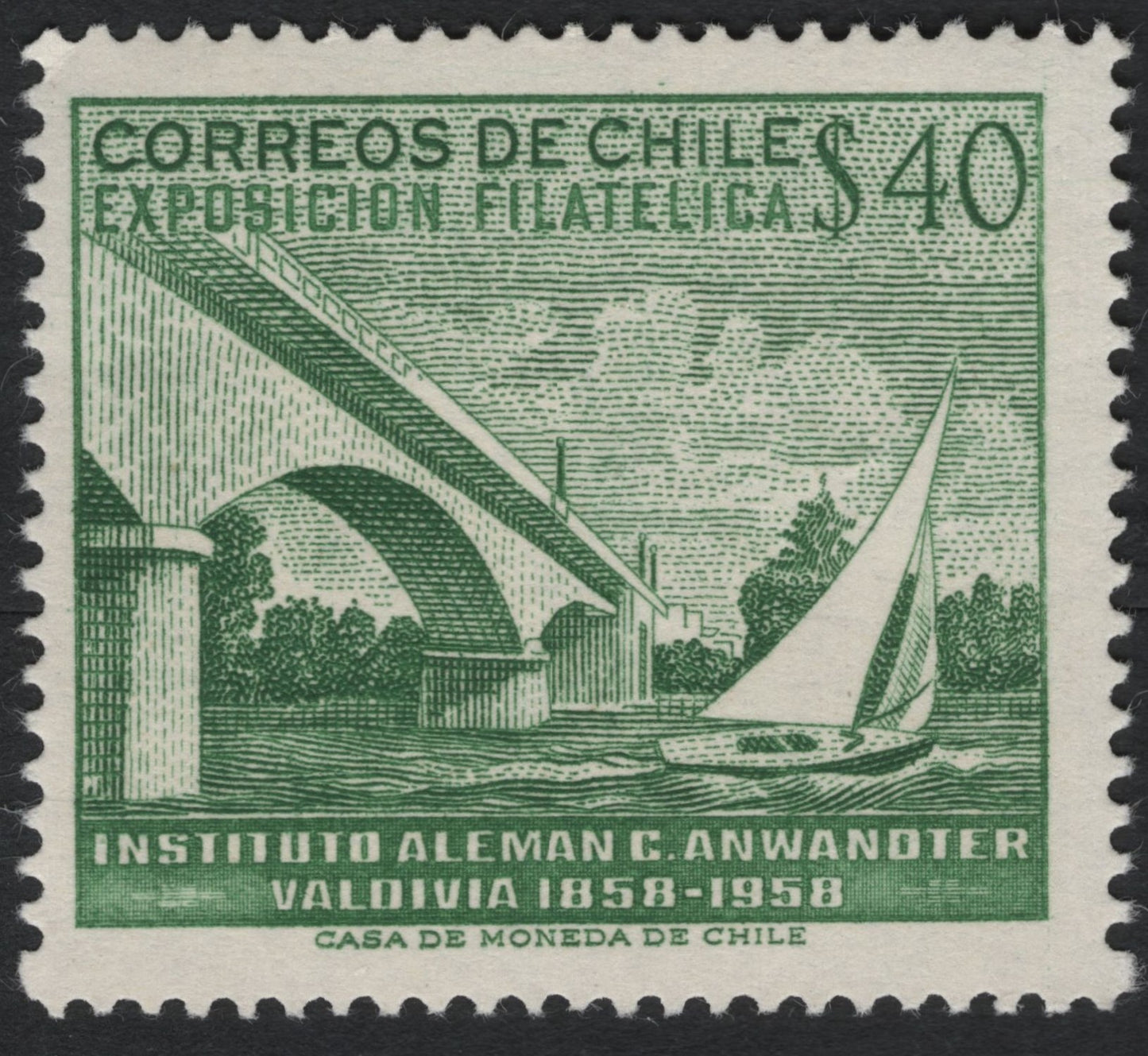 SCG10492 - 🇨🇱 Chile 1958 – Philatelic Exhibition “Instituto Alemán C. Anwandter” – 40c Green