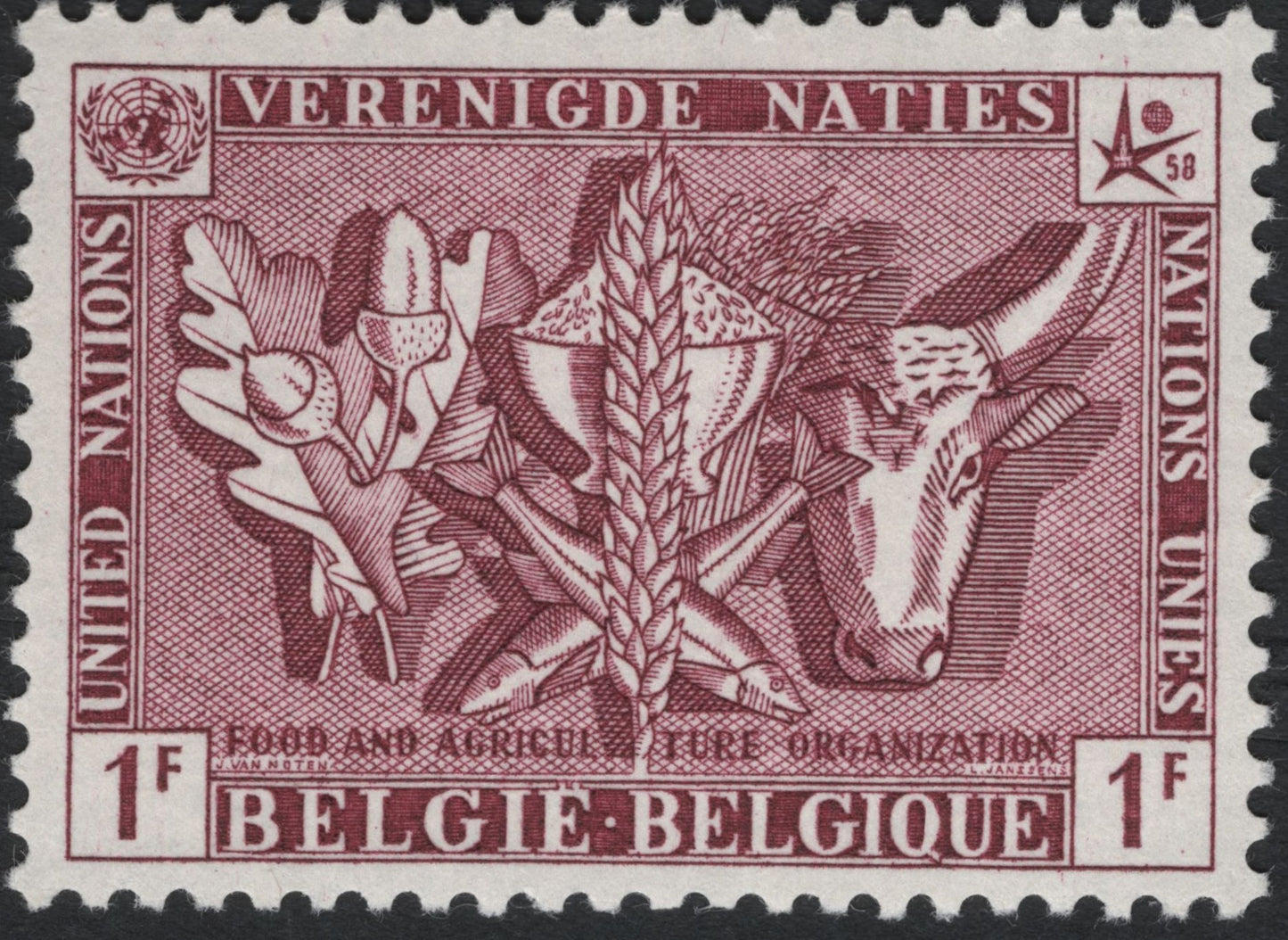 SCG10523 - Belgium 1958 United Nations “Food & Agriculture Organization” 1F Carmine – FAO Emblem Design