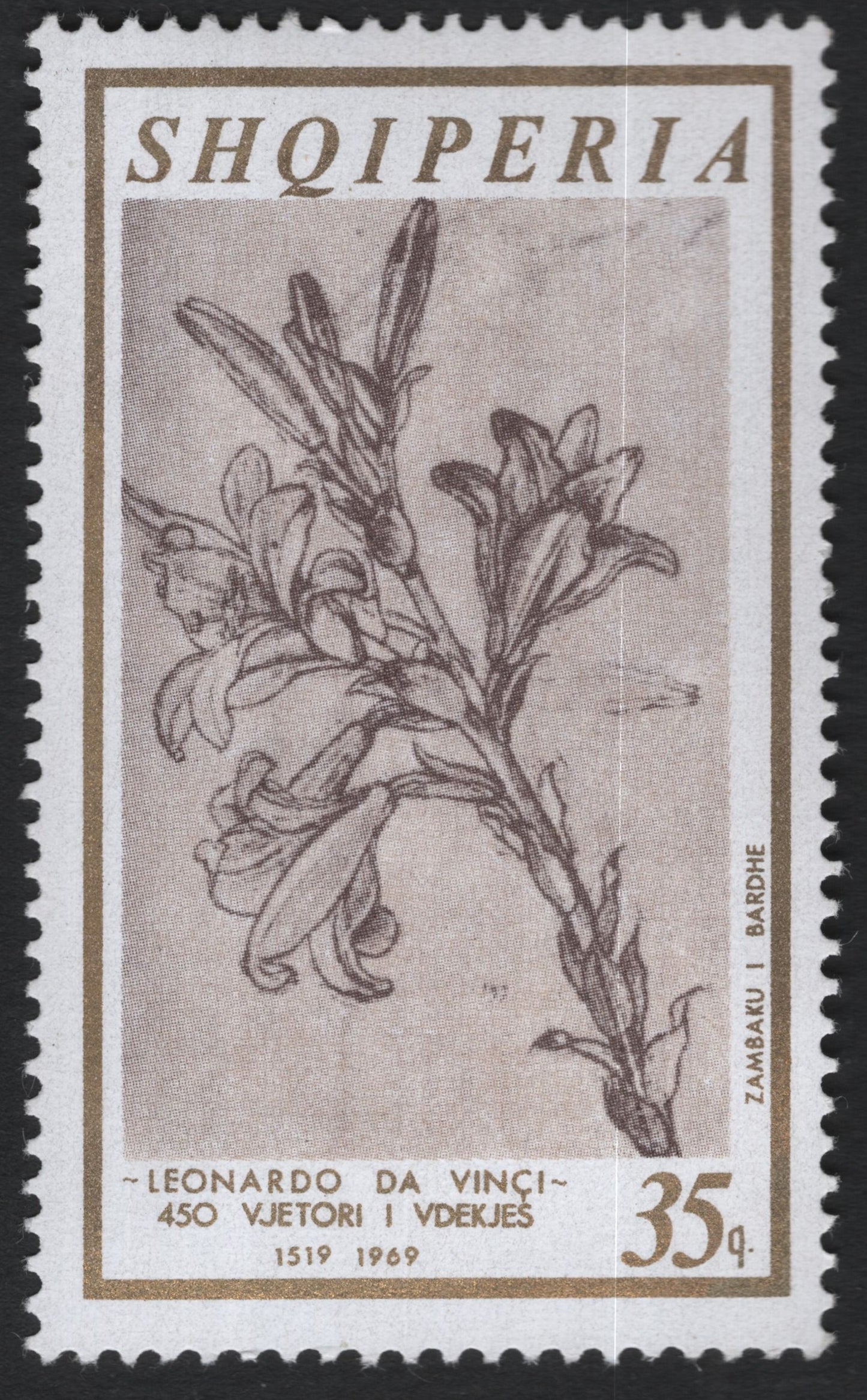 SCG10677 - 🇦🇱 Albania 1969 – “White Lily” Study by Leonardo da Vinci – 35 qindarka