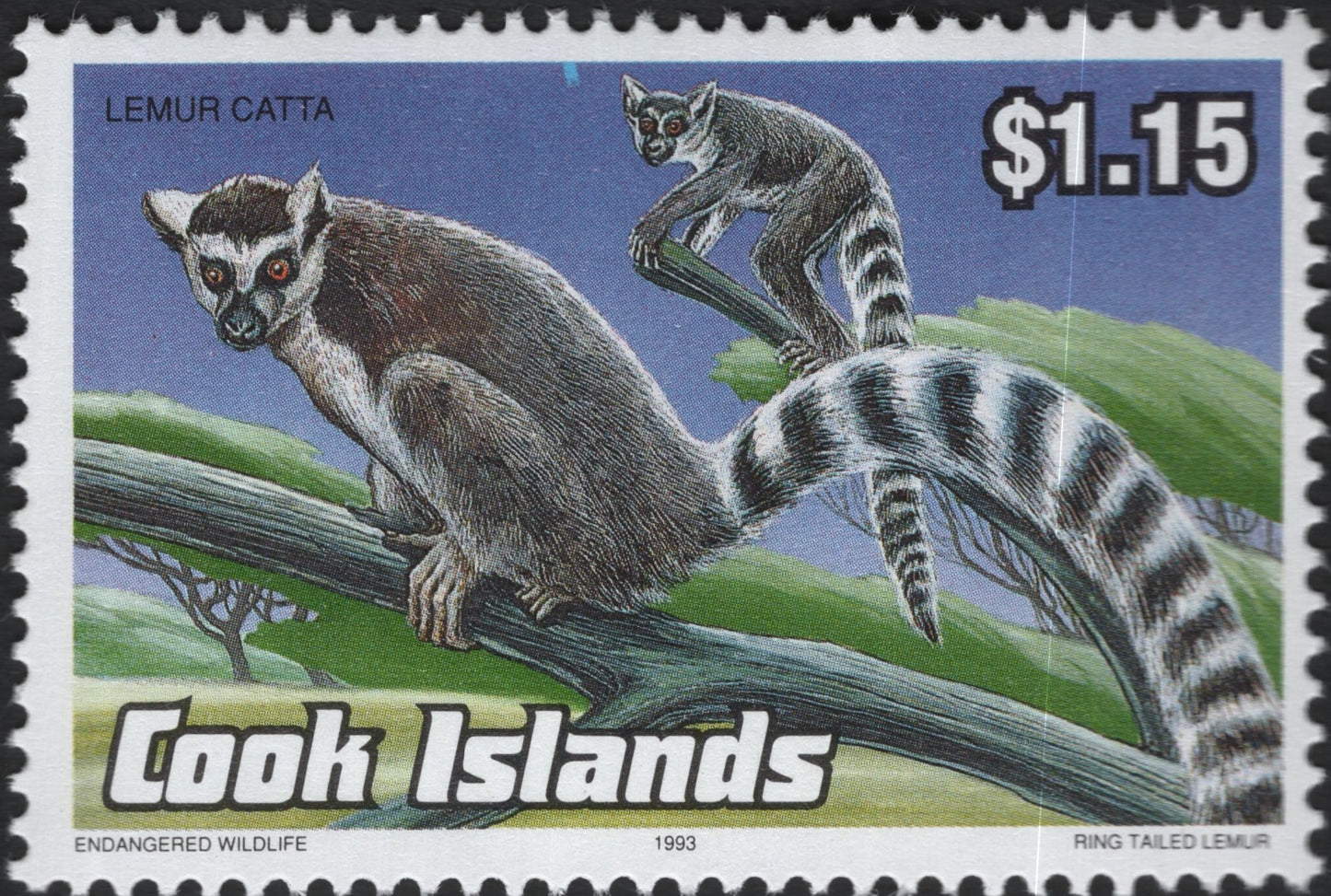 SCG10635 - Cook Islands 1993 Ring-Tailed Lemur – Endangered Wildlife $1.15