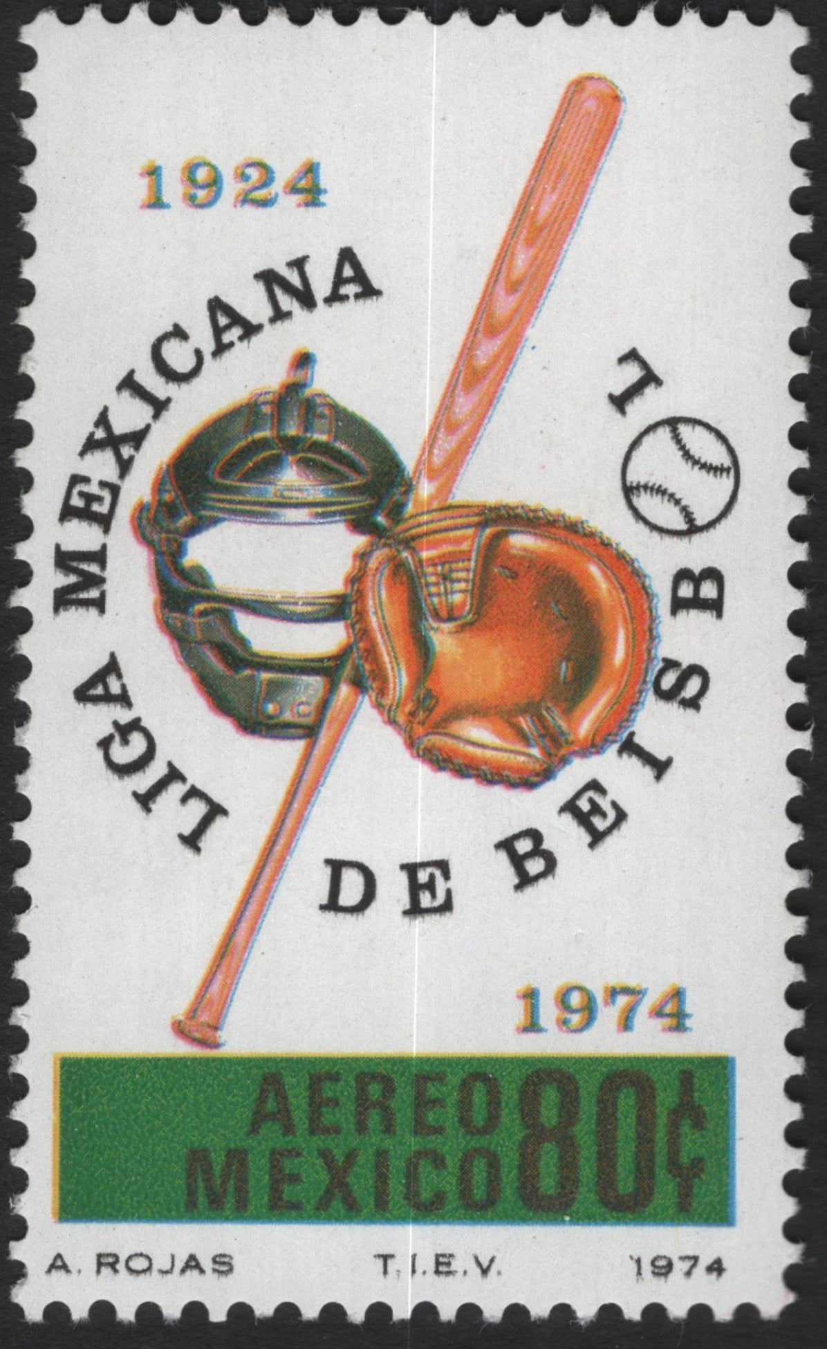 SCG10787 - 🇲🇽 Mexico 1974 “Liga Mexicana de Beisbol 50th Anniversary” Airmail Stamp – 80¢