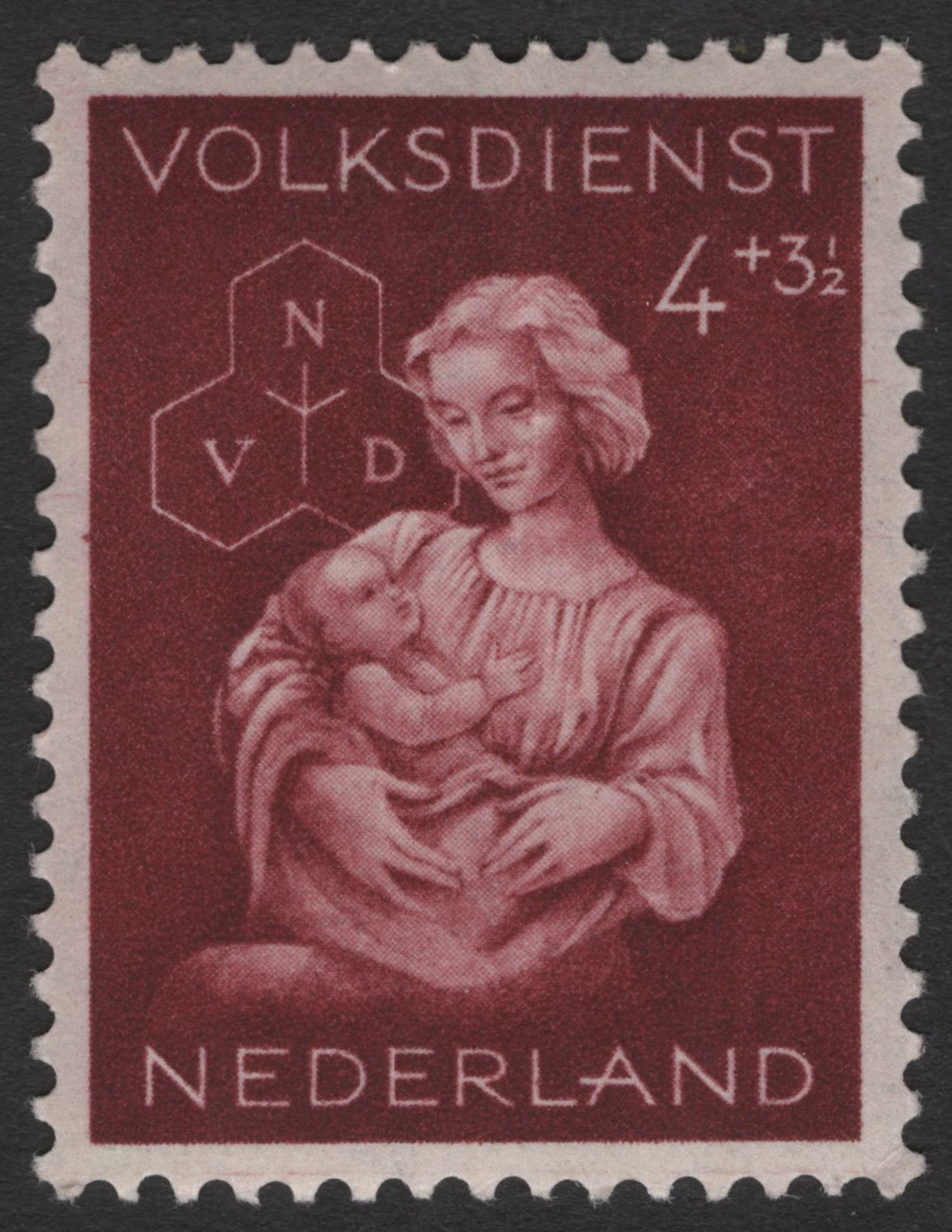 SCG11330 - Netherlands – Volksdienst Charity “Mother & Child” Semi-Postal Stamp (4 + 3½ Cent), 1940s