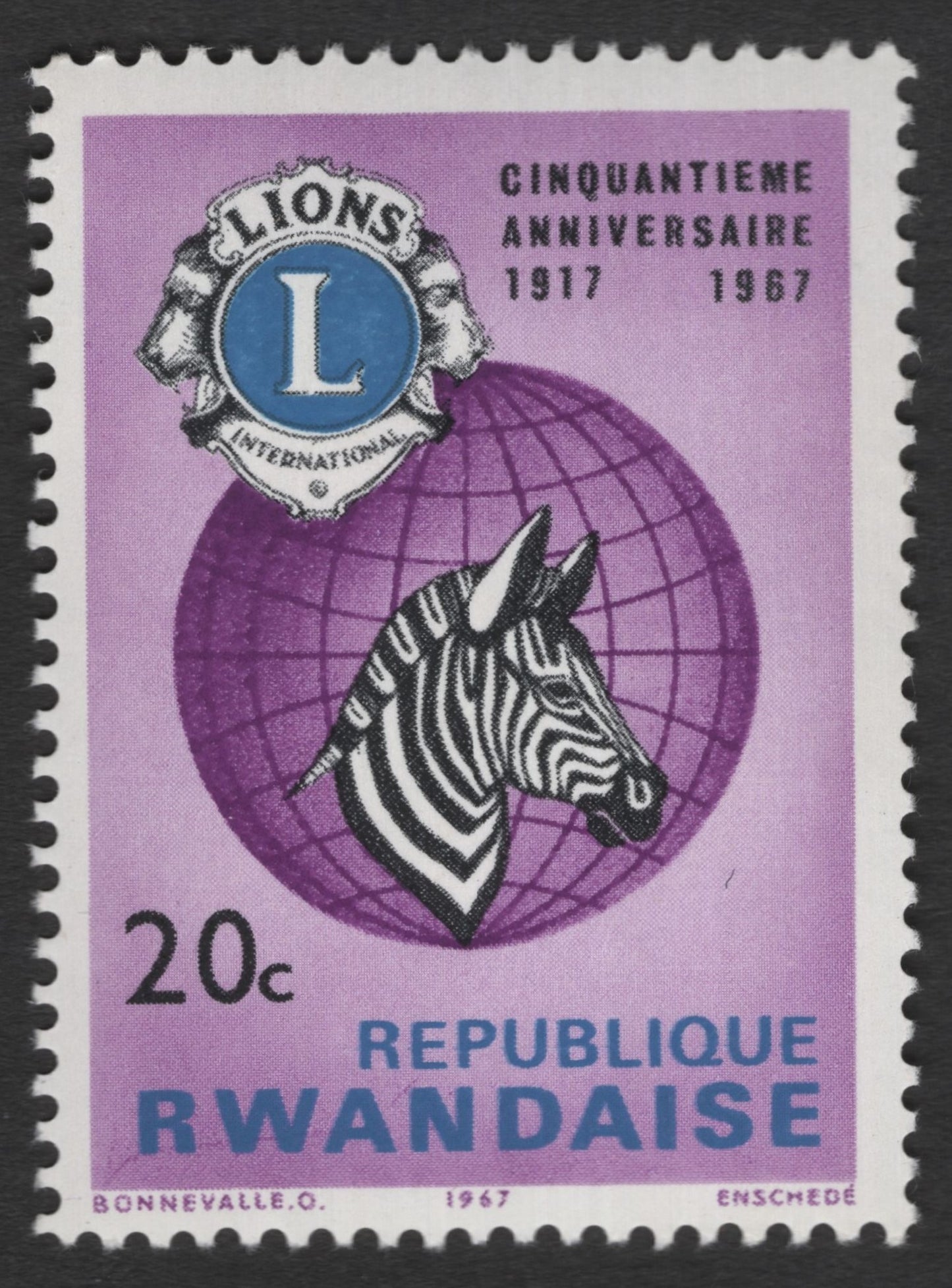 SCG11317 - Rwanda 1967 – Lions International 50th Anniversary Zebra – 20c Commemorative