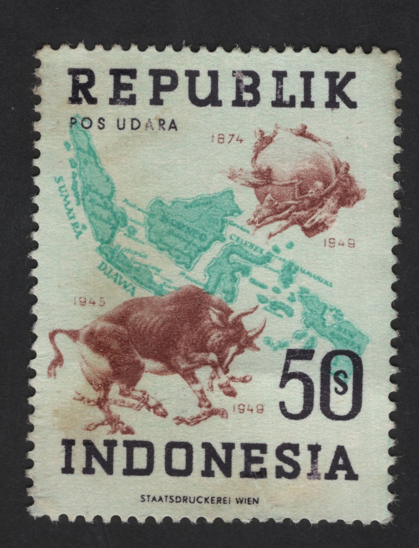 SCG13888 - Indonesia 1949 – 50 Sen Airmail “Cultural Symbols & Archipelago Map” (Printed in Vienna)