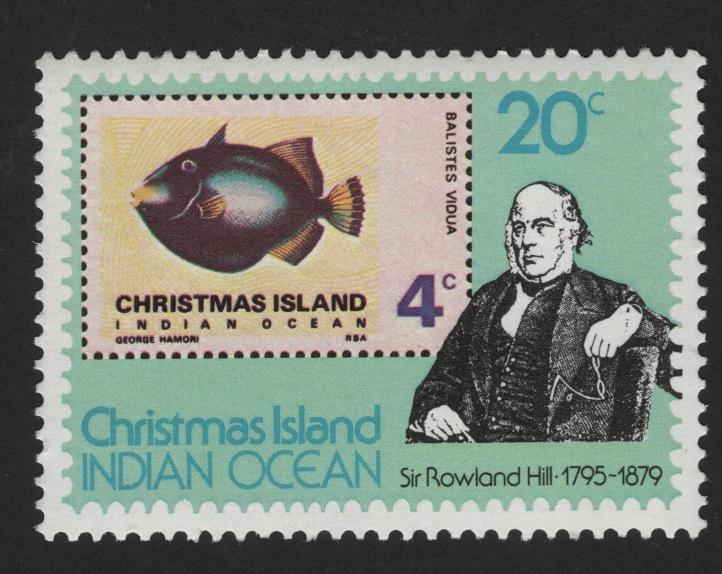 SCG13945 - Christmas Island 1979 Sir Rowland Hill & Fish Composite Stamp (4c on 20c)