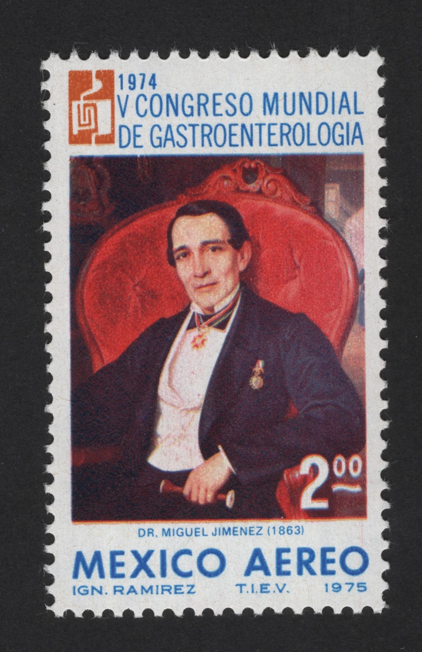SCG13995 - Mexico 1975 Airmail Stamp – Dr. Miguel Jiménez | 5th World Congress of Gastroenterology