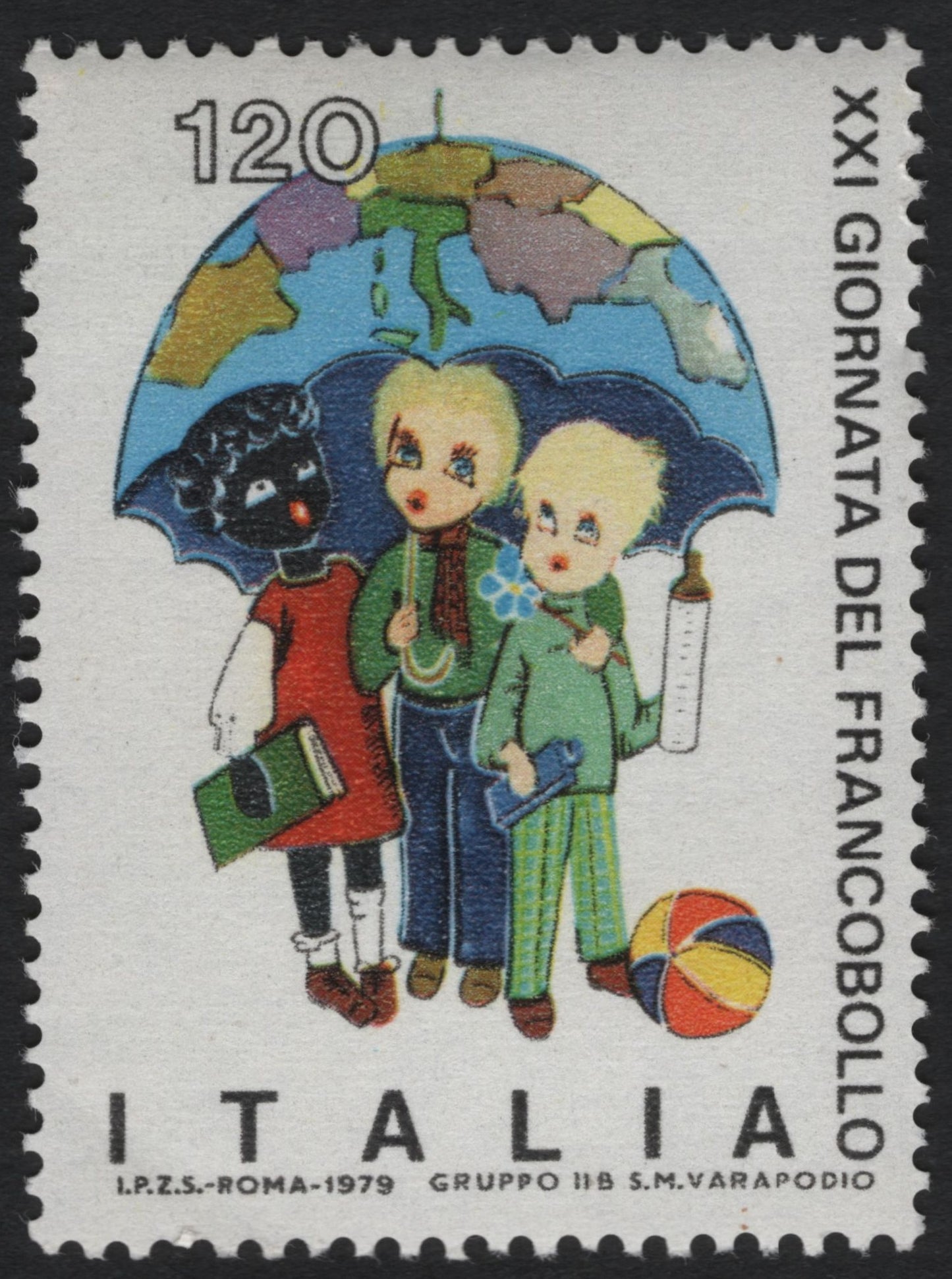 SCG10539 - 🇮🇹 Italy 1979 – XXI Giornata del Francobollo (Stamp Day) – Children Under Globe Umbrella – 120 Lire