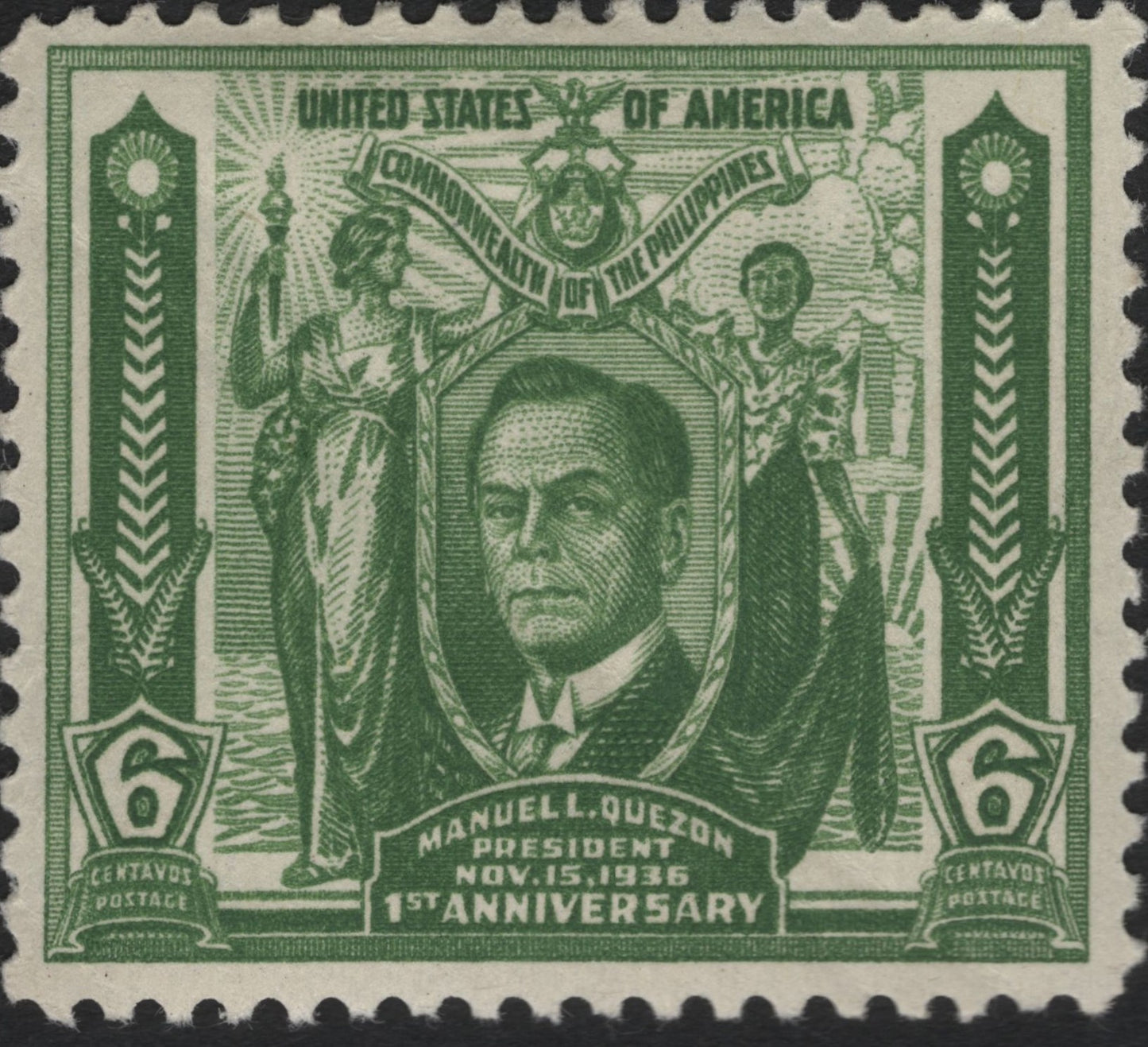 SCG10930 - Philippines (U.S. Administration) 1936 – Manuel L. Quezon 6c Green, Commonwealth Anniversary