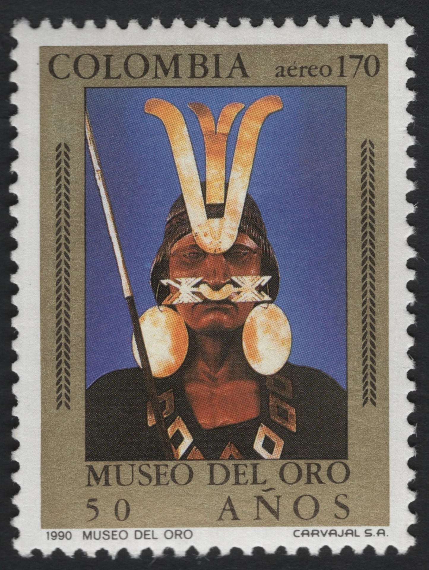 SCG10533 - Colombia 1990 “Museo del Oro – 50 Años” Airmail 170c – Pre-Columbian Gold Ornament Figure