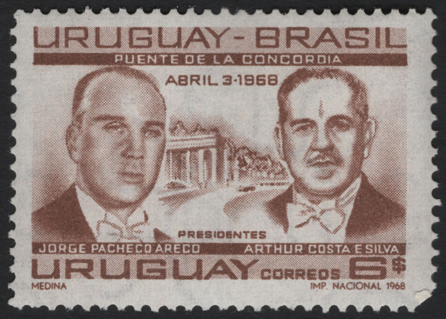 SCG10565 - Uruguay 1968 – Puente de la Concordia Inauguration Stamp (Pacheco Areco & Costa e Silva)