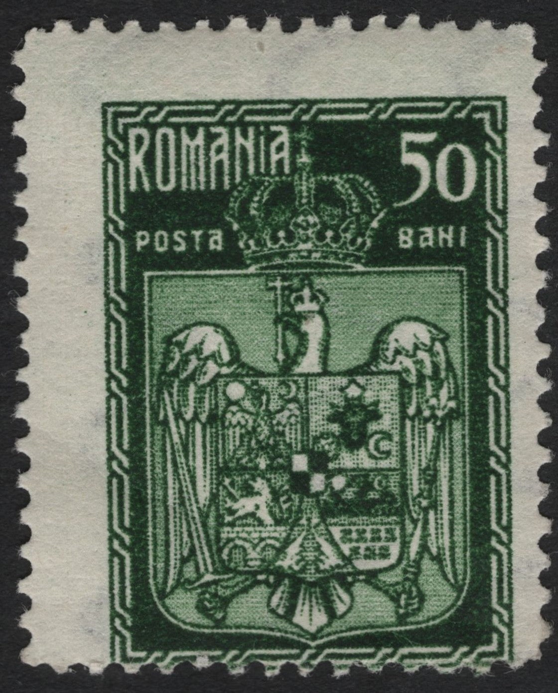 SCG10878 - Romania 1920s – 50 Bani Coat of Arms Definitive (Green) – King’s Crown Issue
