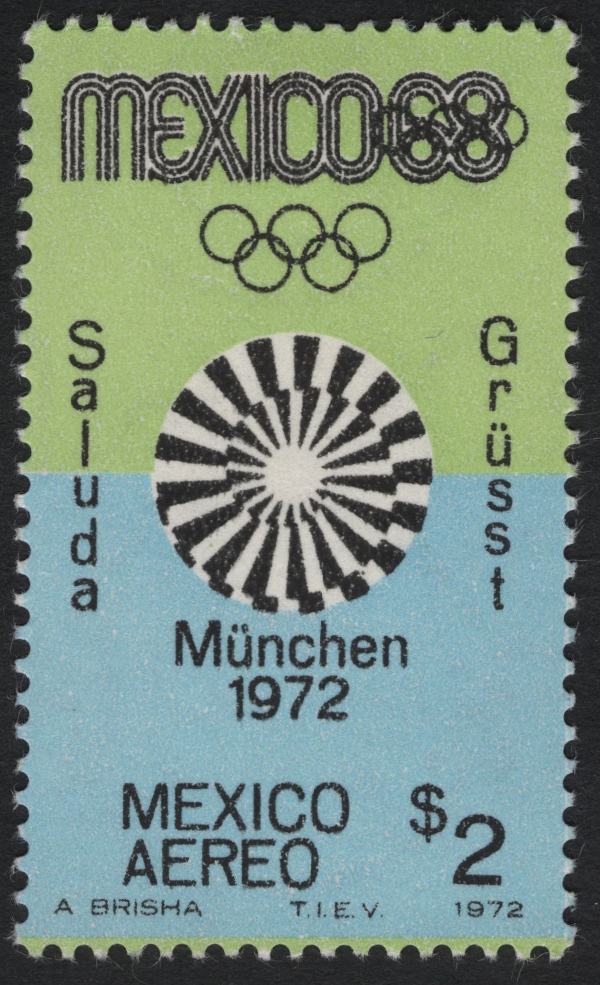 SCG9986 - Mexico 1972 – “Mexico Greets Munich” Airmail Olympic Stamp ($2)