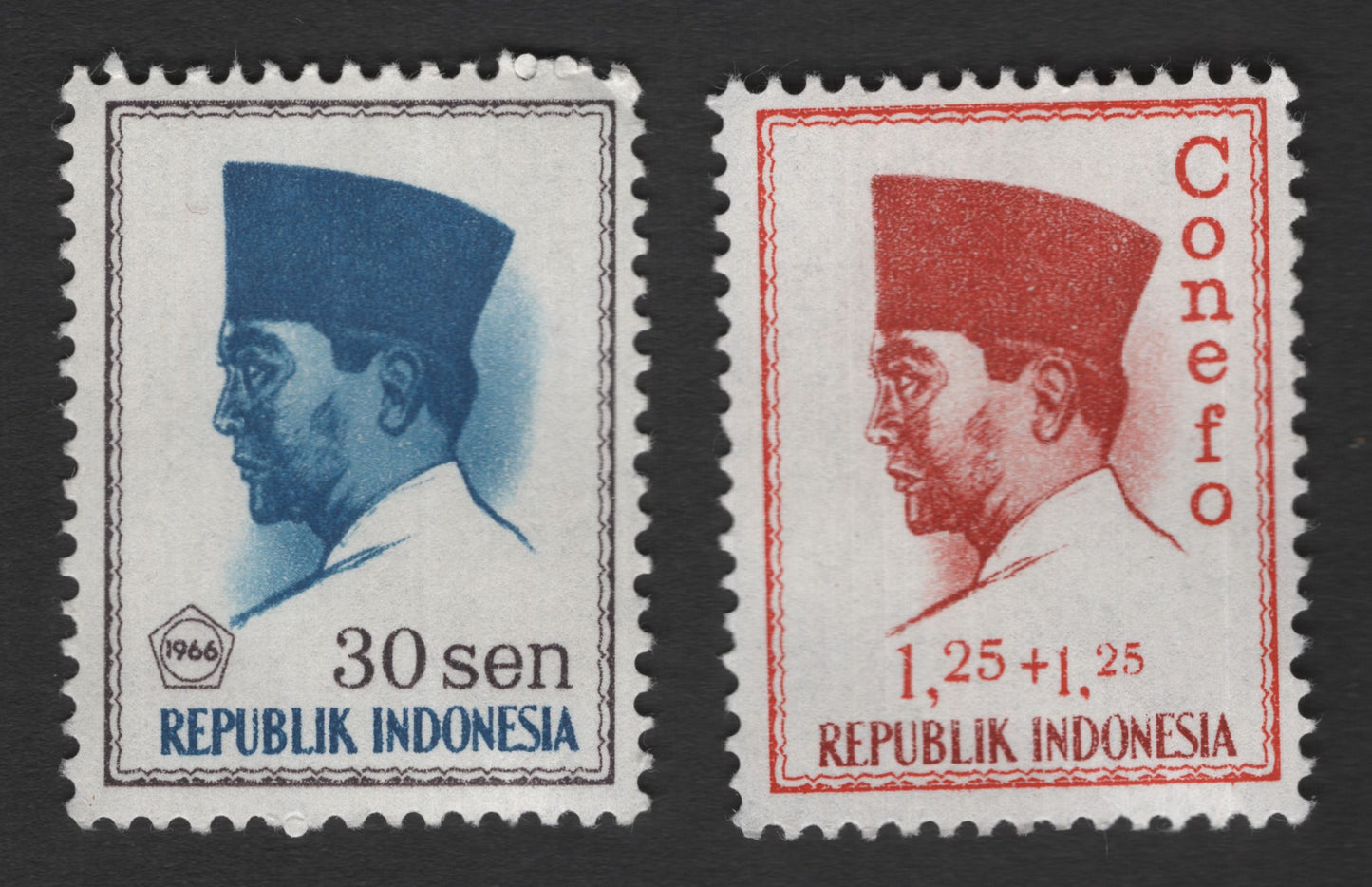 SCG11755 - Indonesia 1966 President Sukarno Definitive & Charity “Conefo” Stamp Pair