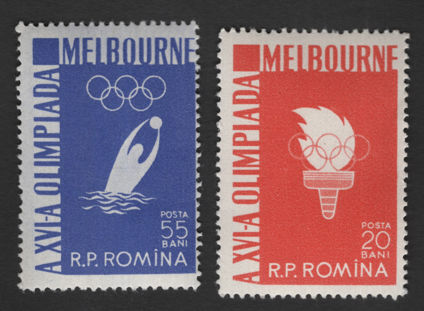 SCG11759 - Romania 1956 Melbourne Olympic Games Stamp Pair (Swimming & Olympic Torch)