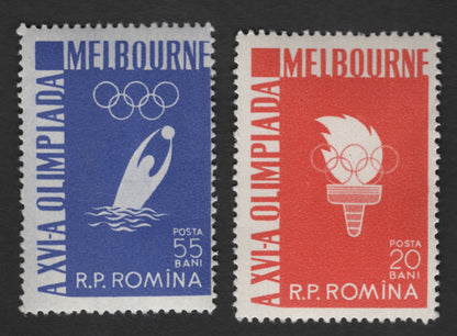 SCG11759 - Romania 1956 Melbourne Olympic Games Stamp Pair (Swimming & Olympic Torch)
