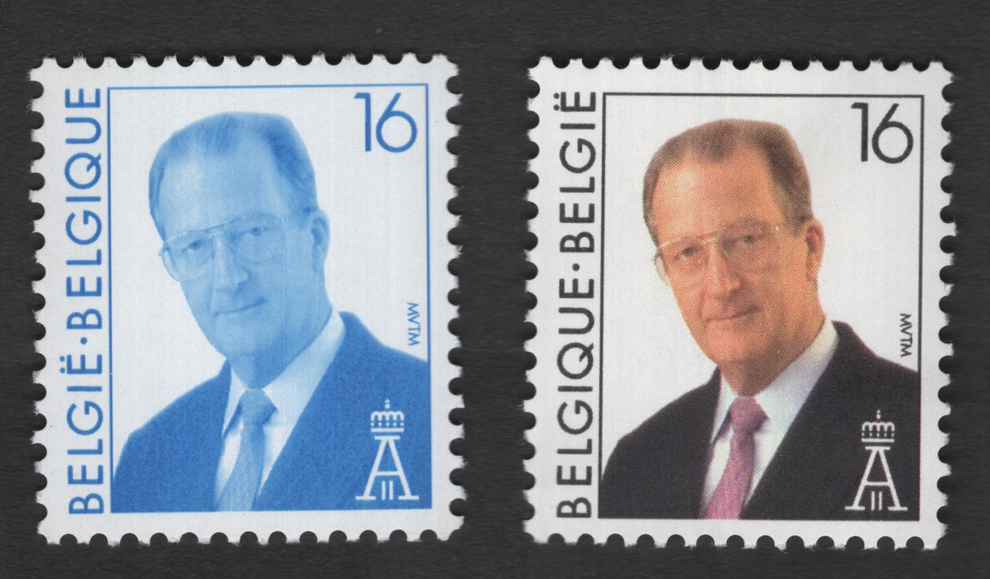 SCG11753 - Belgium King Albert II Definitive Stamp Pair – 16F Blue and Multicolour Portrait Issue