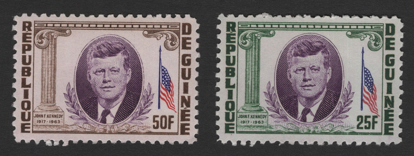 SCG11773 - Republic of Guinea 1964 John F. Kennedy Memorial Stamp Pair (25F & 50F)