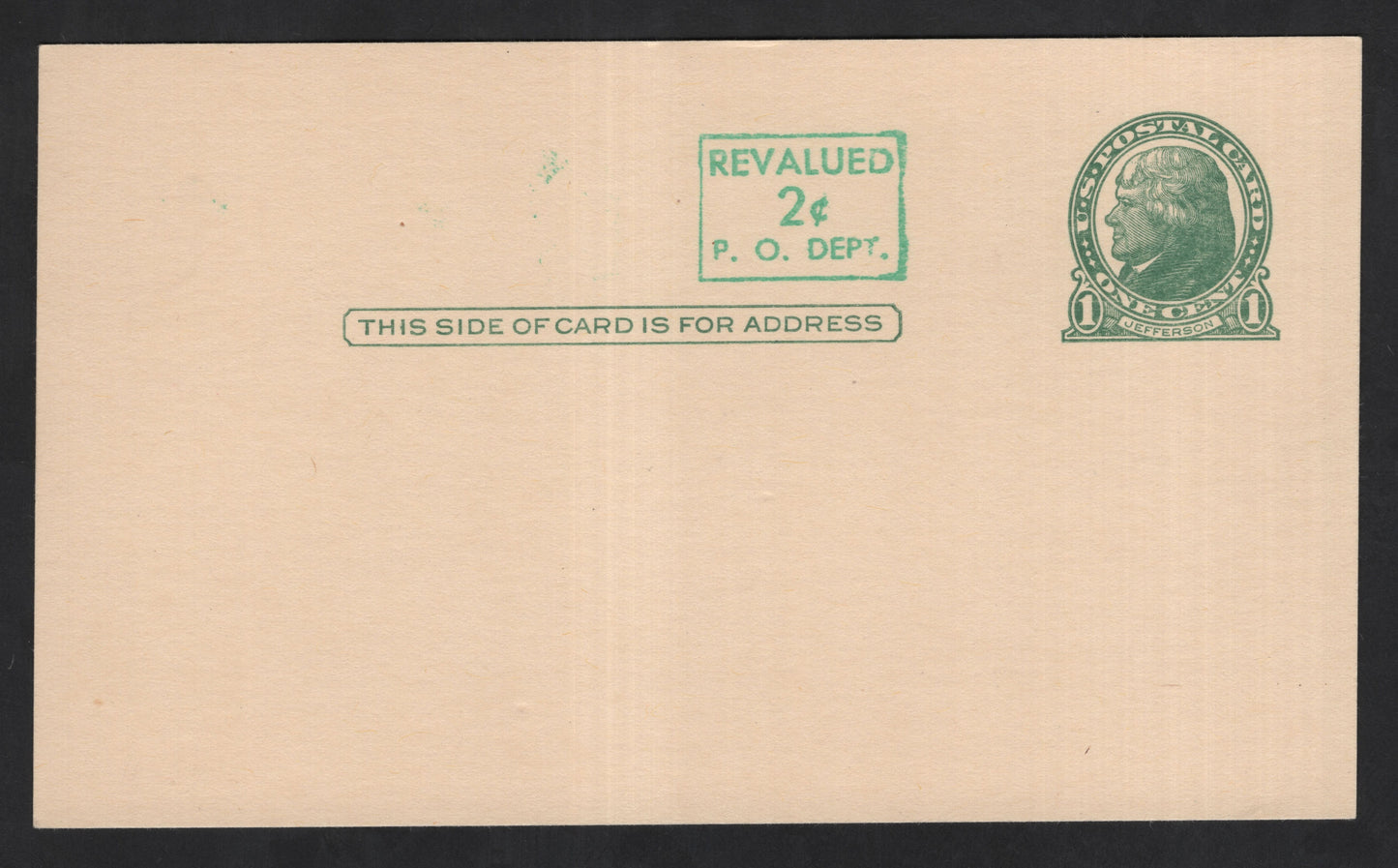 SCG13690 - United States Jefferson Postal Card – 1¢ Green Revalued to 2¢ (P.O. Dept. Overprint)