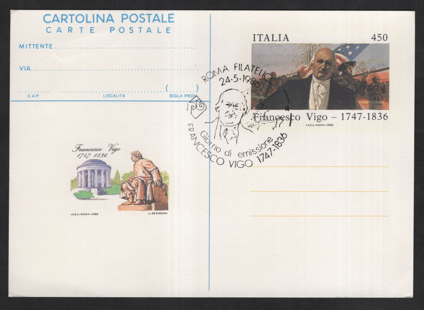 SCG13693 - Italy 450 Lire Postal Card – Francesco Vigo (1747–1836), Roma Filatelico Cancellation – 1986
