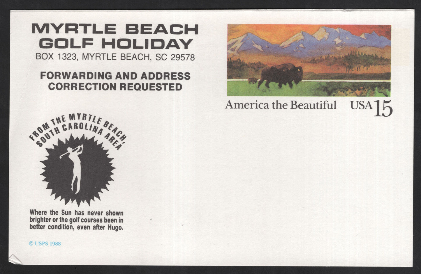 SCG13684 - USA 15¢ America the Beautiful – Myrtle Beach Golf Holiday Advertising Envelope (Post-Hurricane Hugo Promotion)