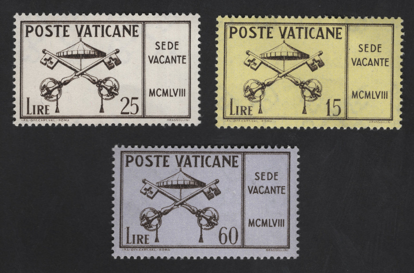SCG13198 - Vatican City 1958 “Sede Vacante” Issue – Papal Interregnum (15L, 25L, 60L)