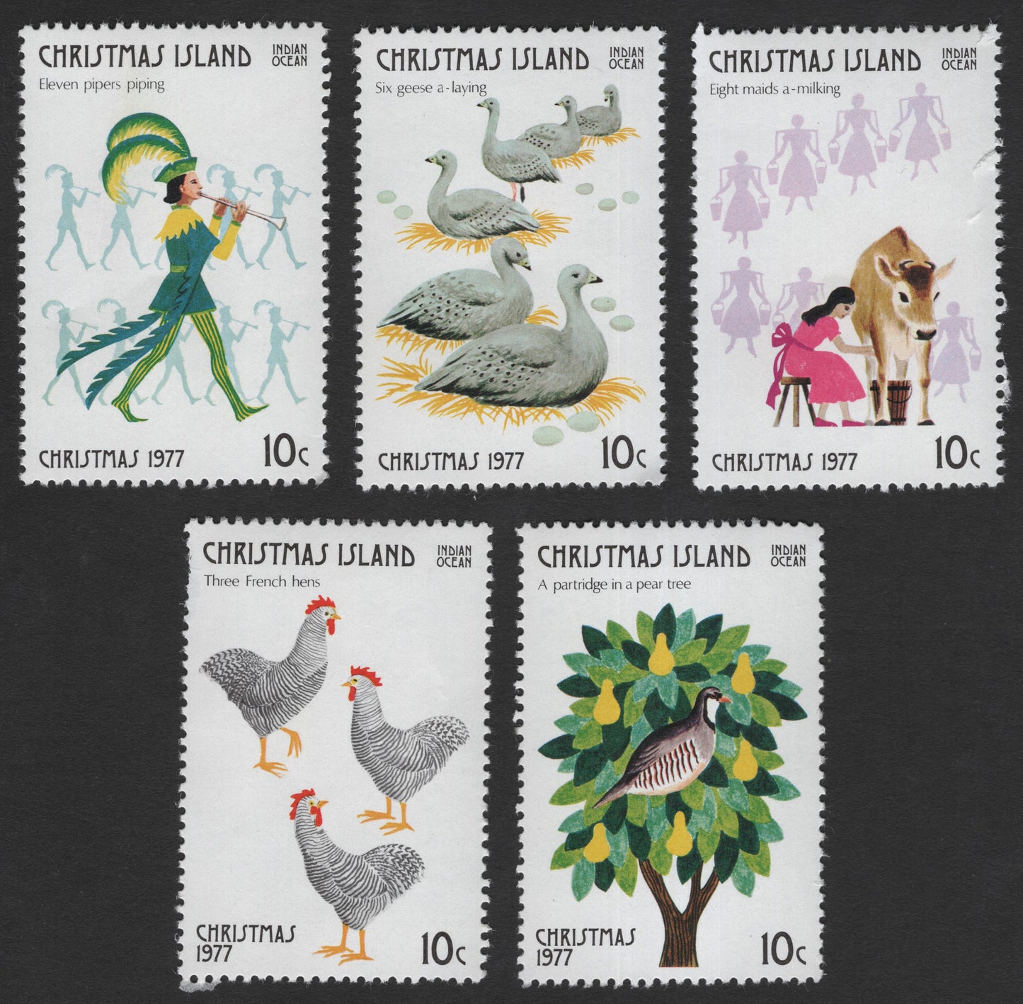 SCG11841 - Christmas Island 1977 “Twelve Days of Christmas” Illustrated Stamp Set (10c Values)