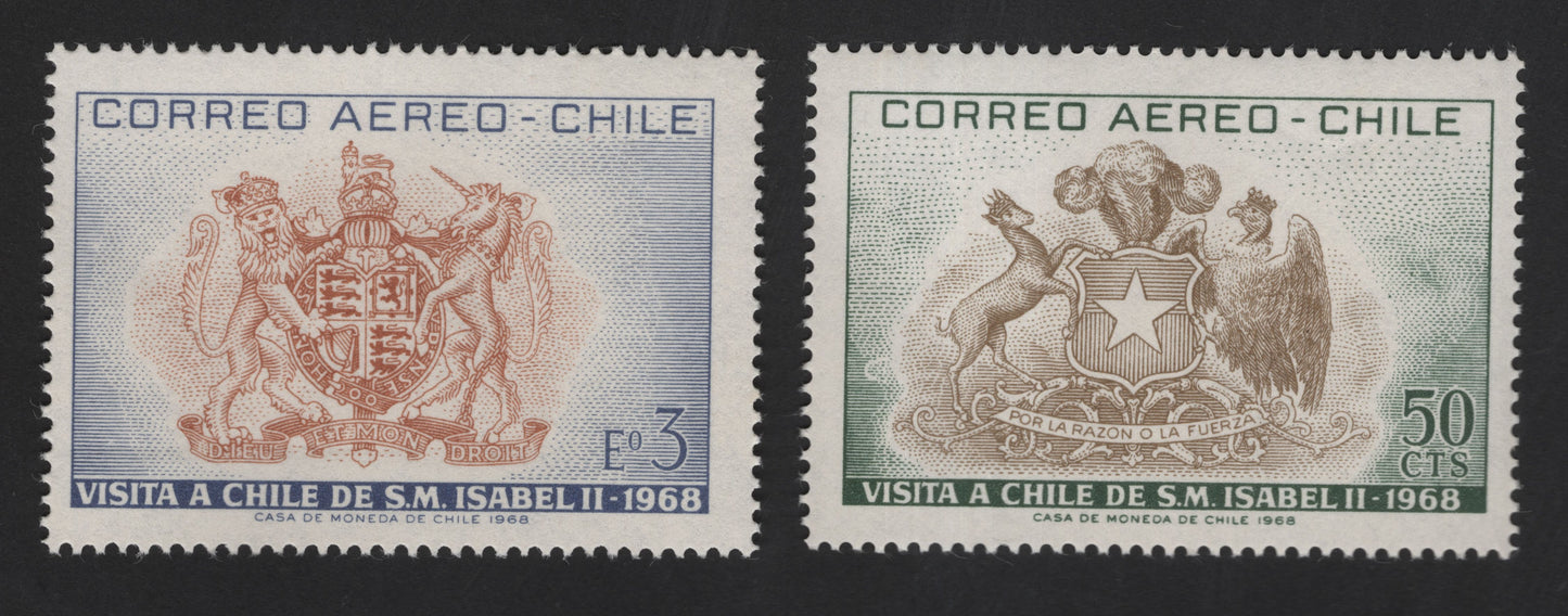 SCG13089 - Chile 1968 Airmail Stamps – Visit of Queen Elizabeth II (British & Chilean Coats of Arms)