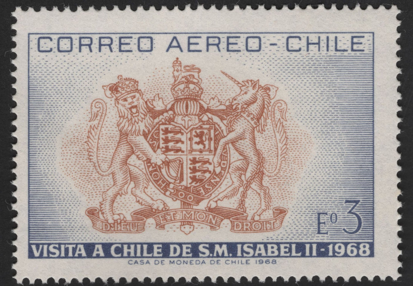 SCG13089 - Chile 1968 Airmail Stamps – Visit of Queen Elizabeth II (British & Chilean Coats of Arms)