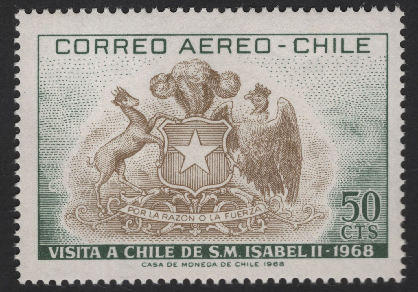 SCG13089 - Chile 1968 Airmail Stamps – Visit of Queen Elizabeth II (British & Chilean Coats of Arms)