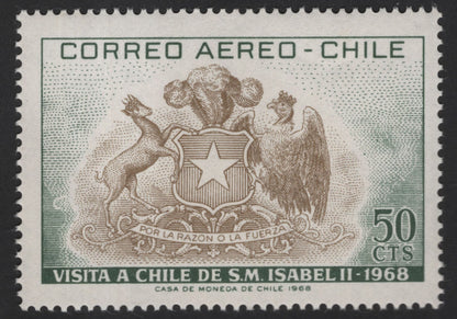SCG13089 - Chile 1968 Airmail Stamps – Visit of Queen Elizabeth II (British & Chilean Coats of Arms)