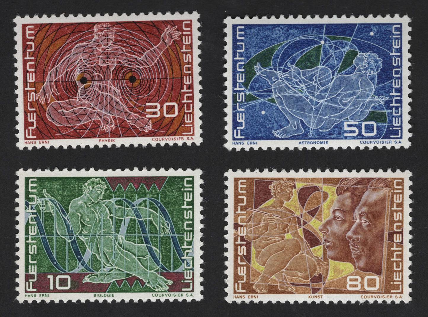 SCG13128 - Liechtenstein 1975 “Science and Art” Set – Hans Erni Illustrated Stamps (Physics, Astronomy, Biology & Art)