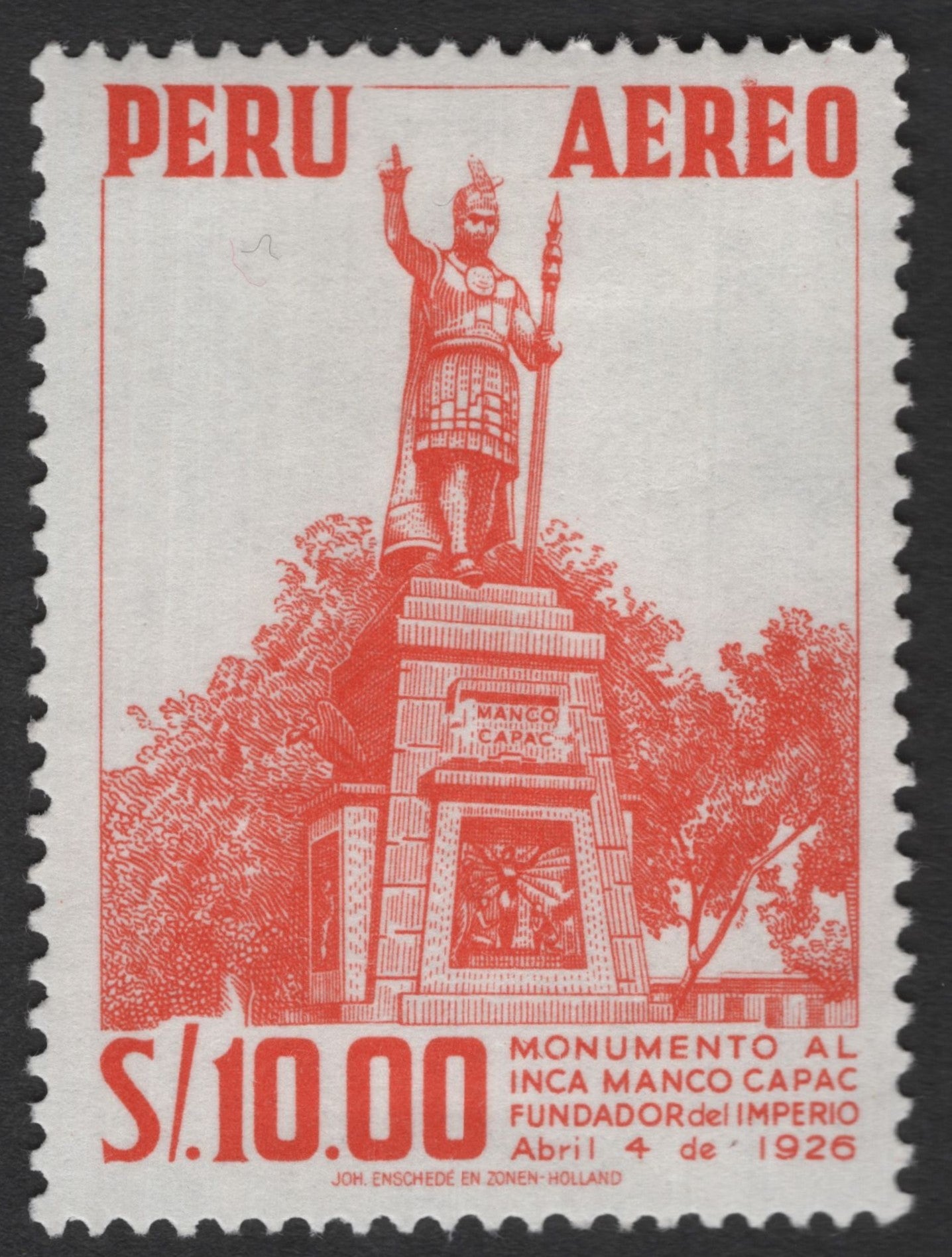 SCG11654 - Peru 1926 Airmail – Monument to Inca Manco Cápac (S/.10.00)
