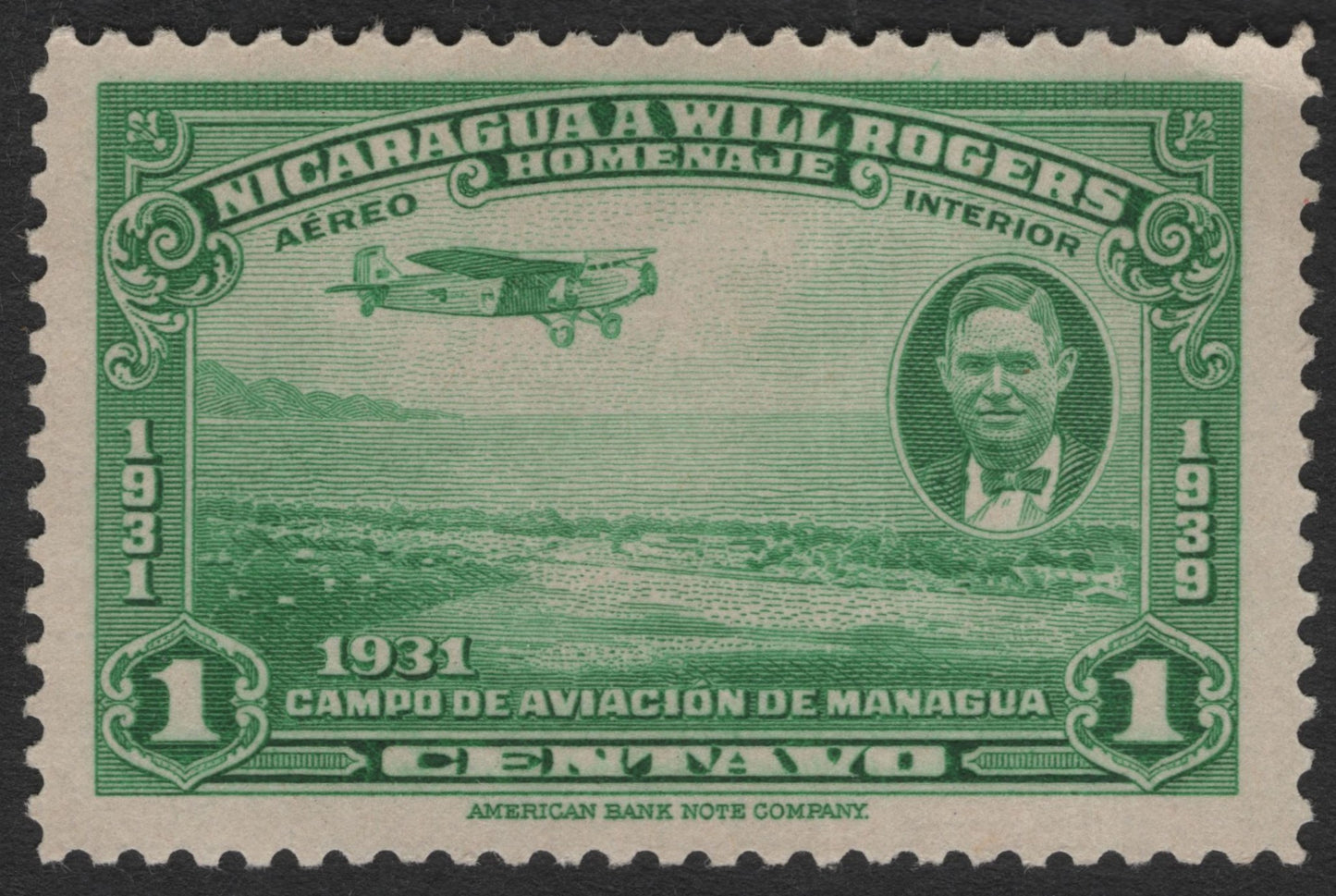 SCG11892 - Nicaragua 1931 “Will Rogers Aviation Tribute” – 1 Centavo Airmail Stamp