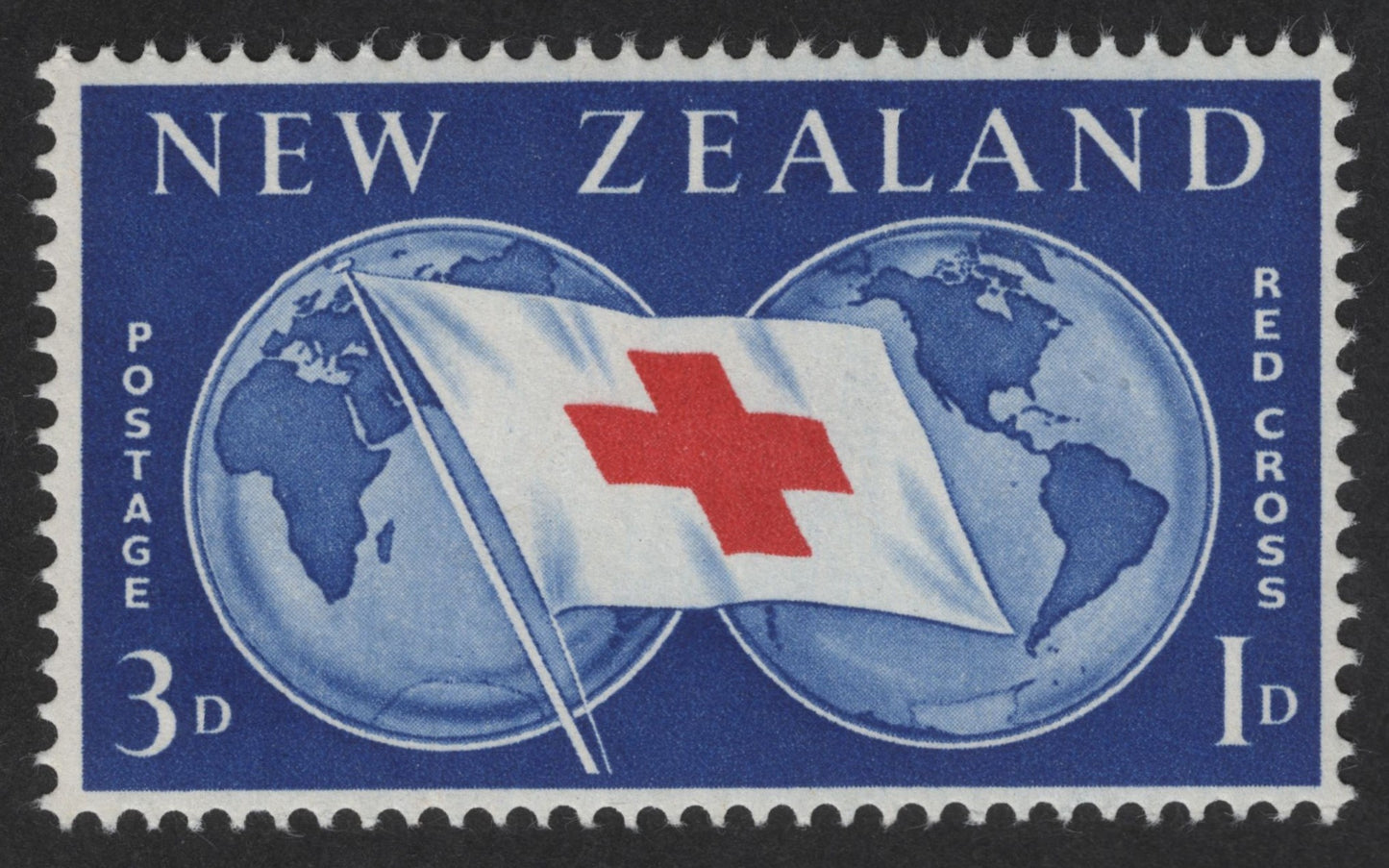 SCG13060 - New Zealand 3d Red Cross Semi-Postal Stamp (World Globes & Red Cross Flag)