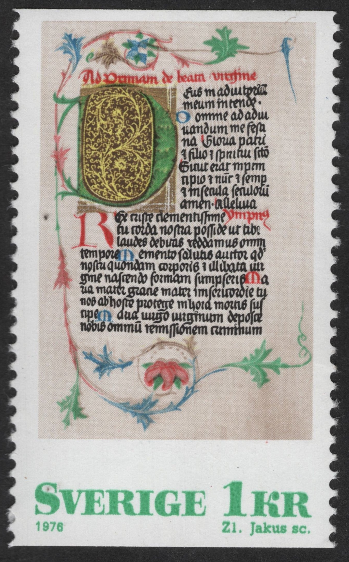 SCG13032 - Sweden 1976 – Medieval Illuminated Initial “D” Manuscript (1 Kr)