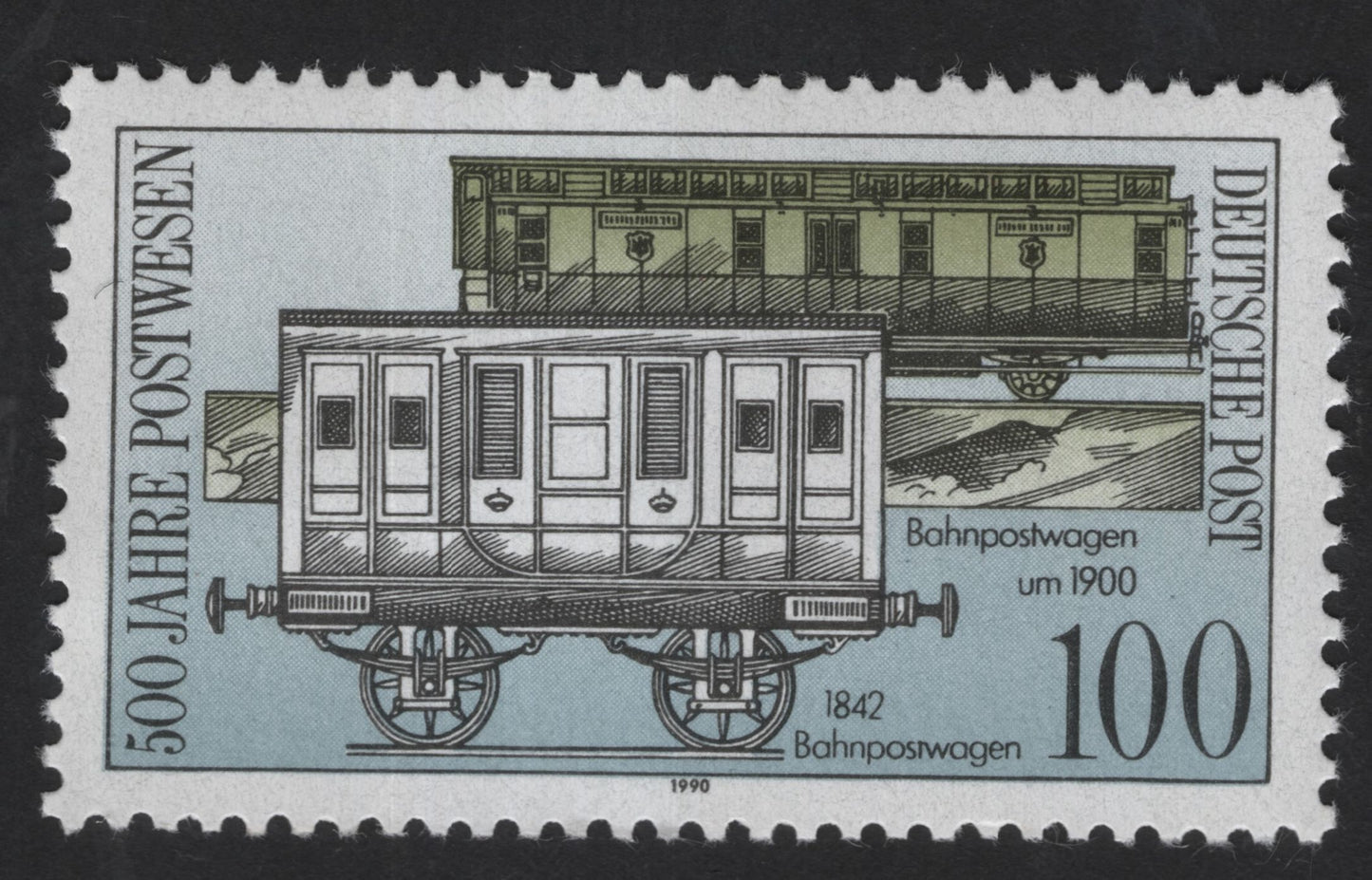 SCG13217 - Germany 1990 – 500 Years of German Postal Service: Railway Mail Wagon (Bahnpostwagen 1842)