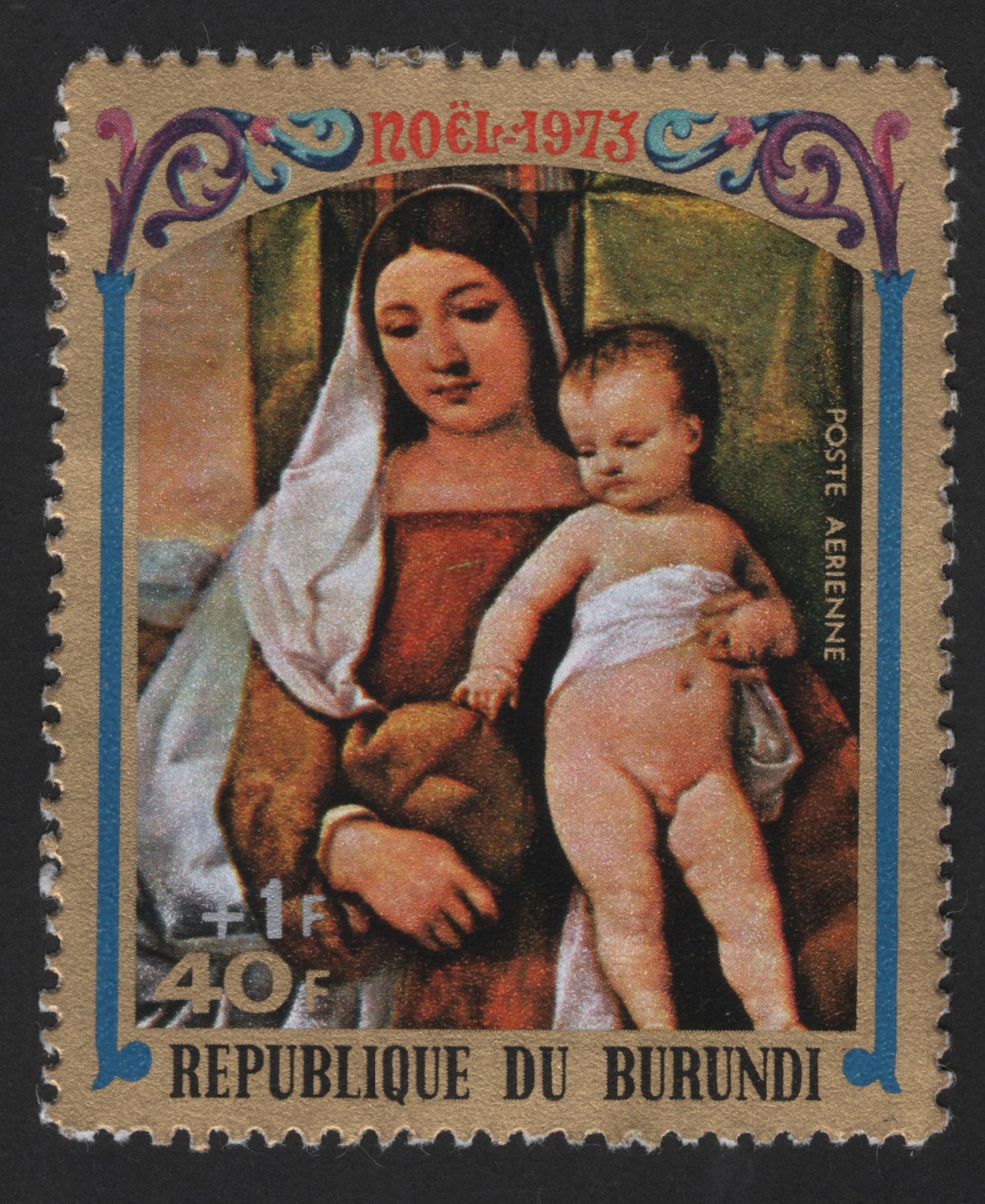 SCG13104 - Burundi 1973 Christmas Airmail Stamp – Madonna and Child (+1F / 40F)